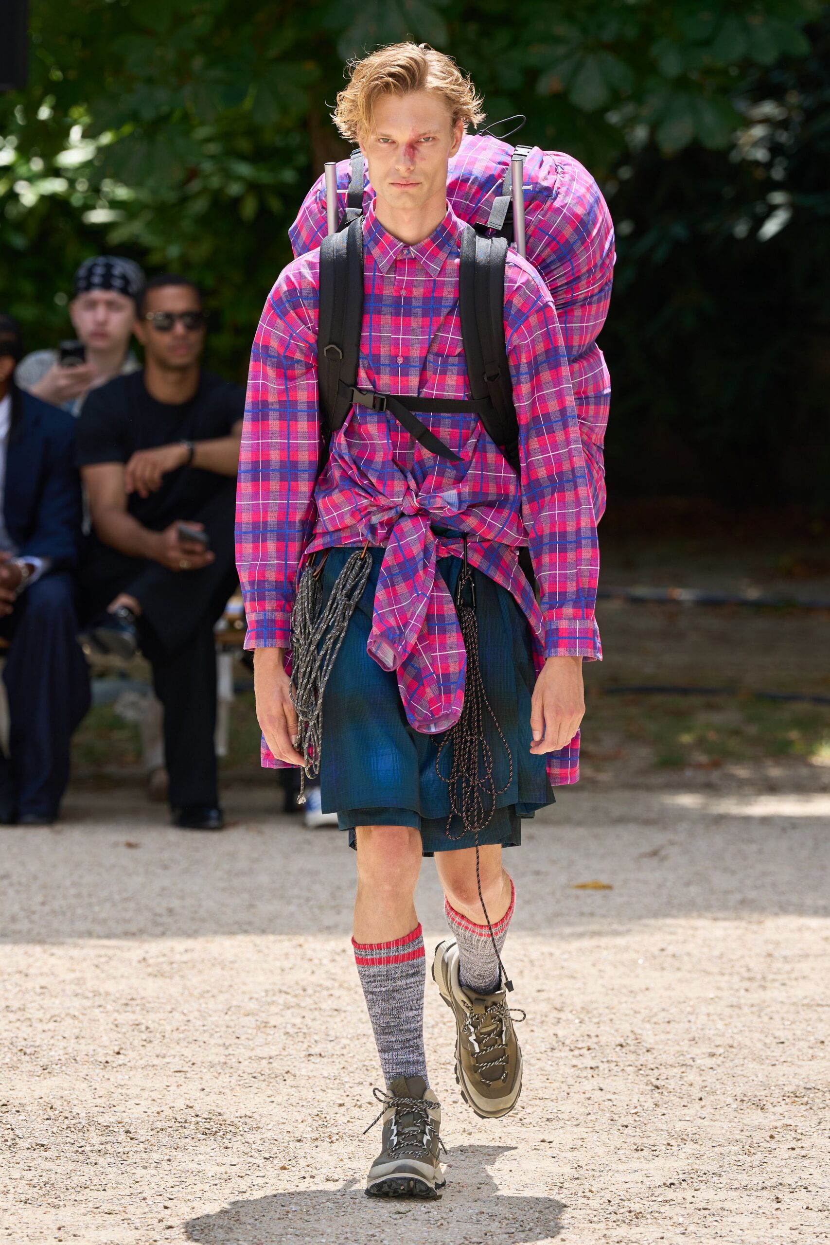 pink checked shirt with pleated skirt
