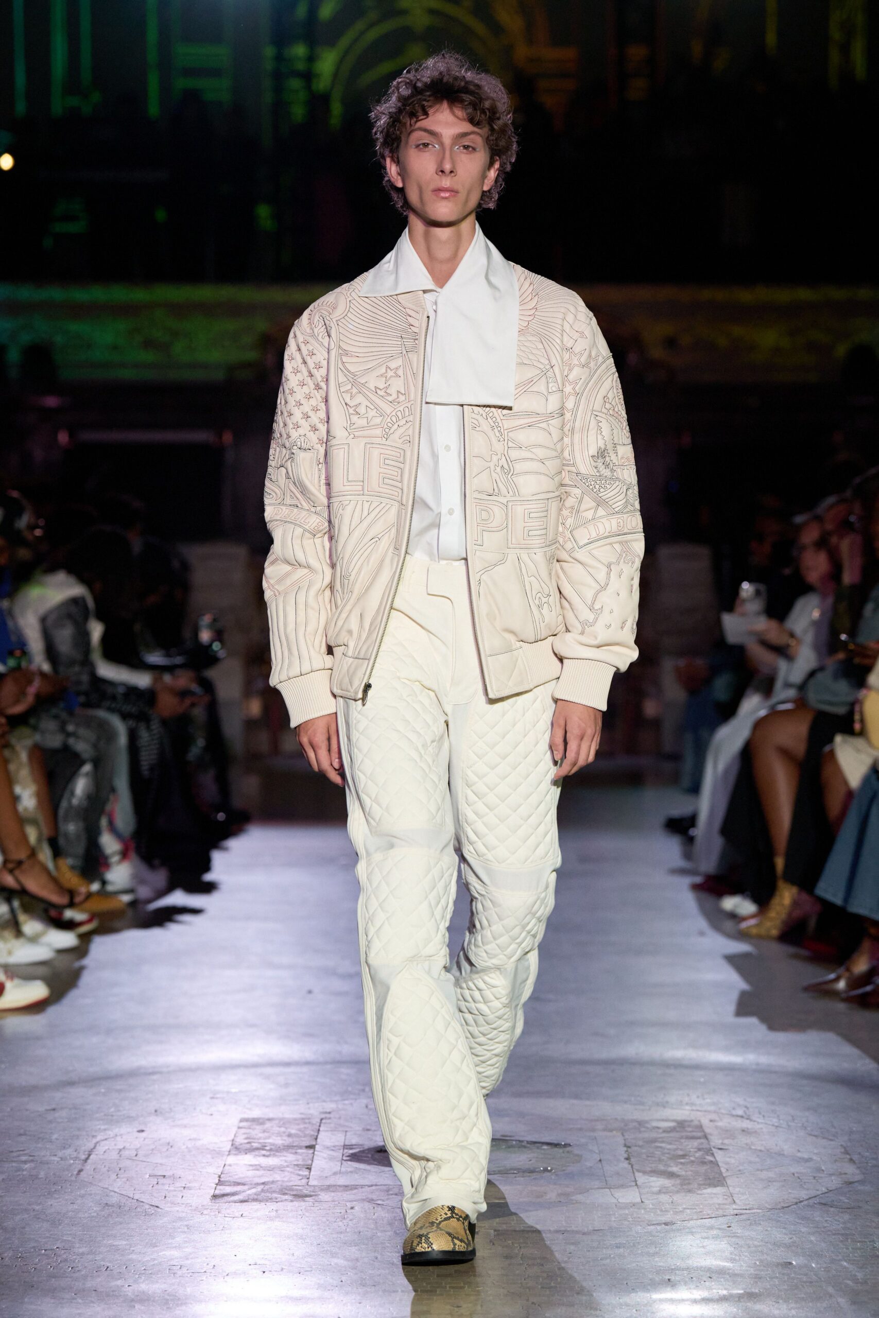 white quilted jacket and pants