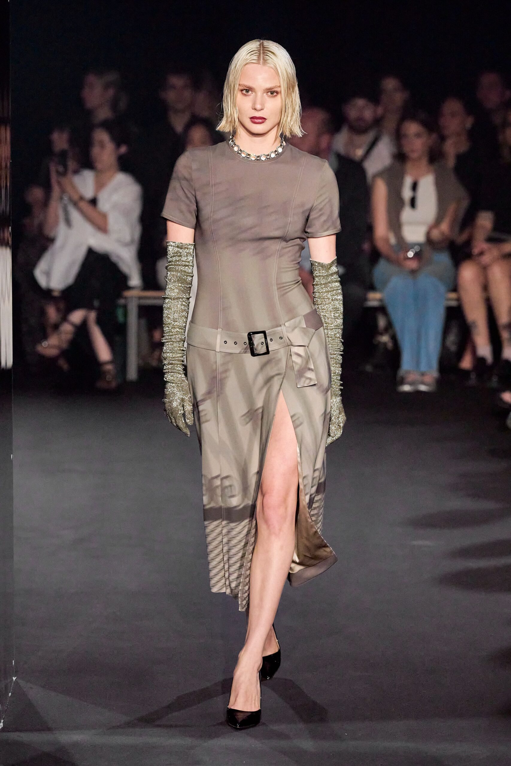 gray silk sleeveless v-neck fitted pleated belted dress