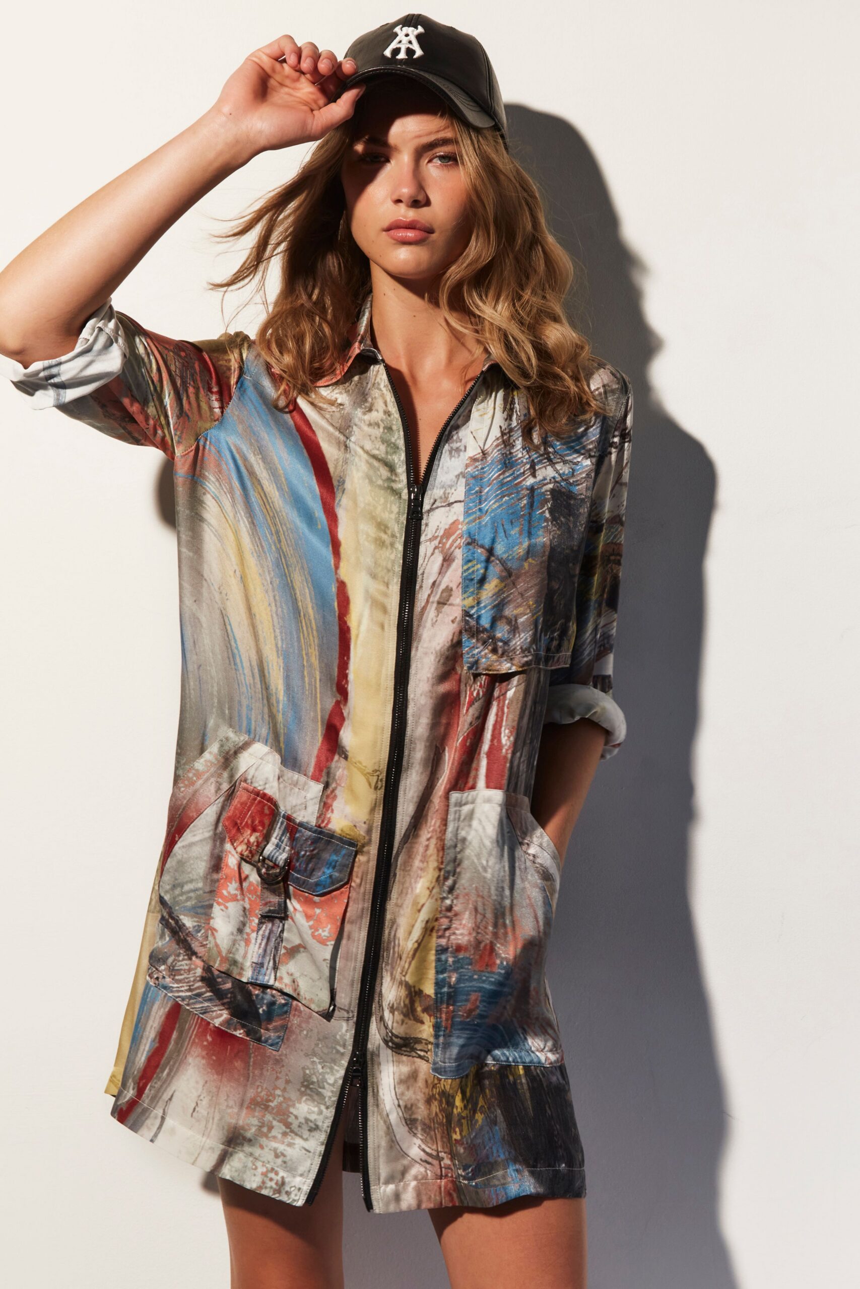multi cotton long-sleeve collared relaxed zippered pockets shirt-dress