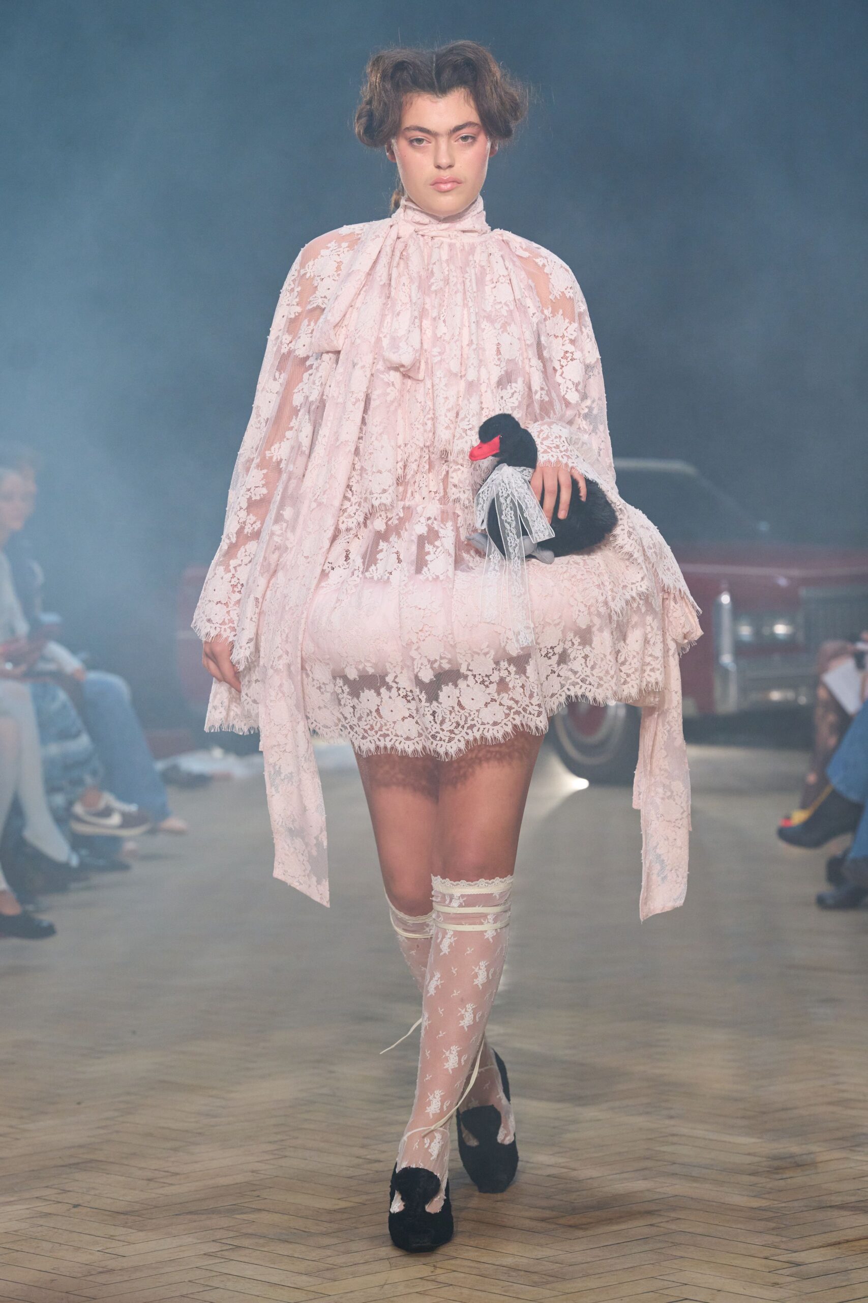 pink lace long-sleeve high-neck fitted pleated embroidered dress