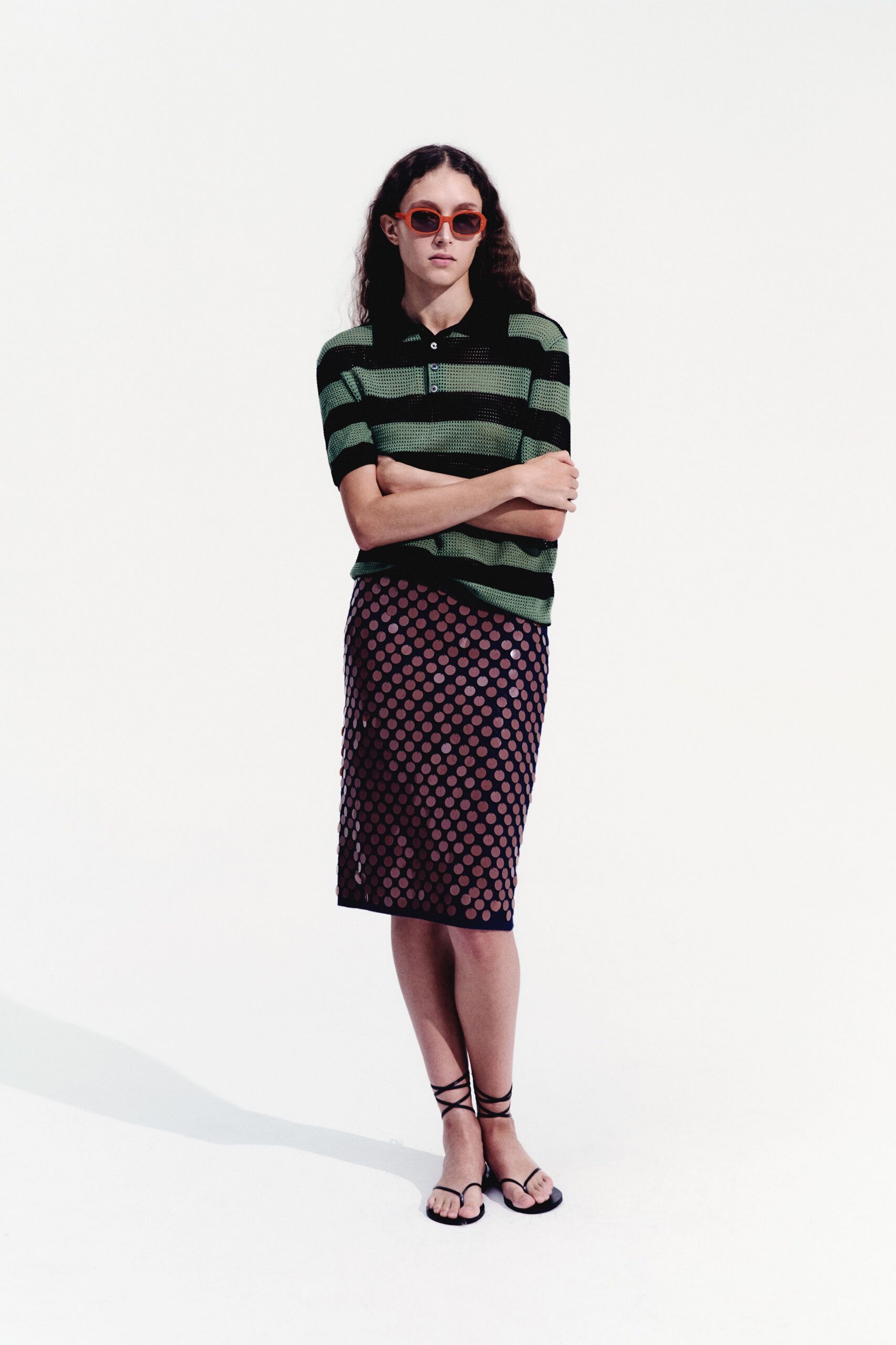 green cotton short-sleeve collared fitted striped top