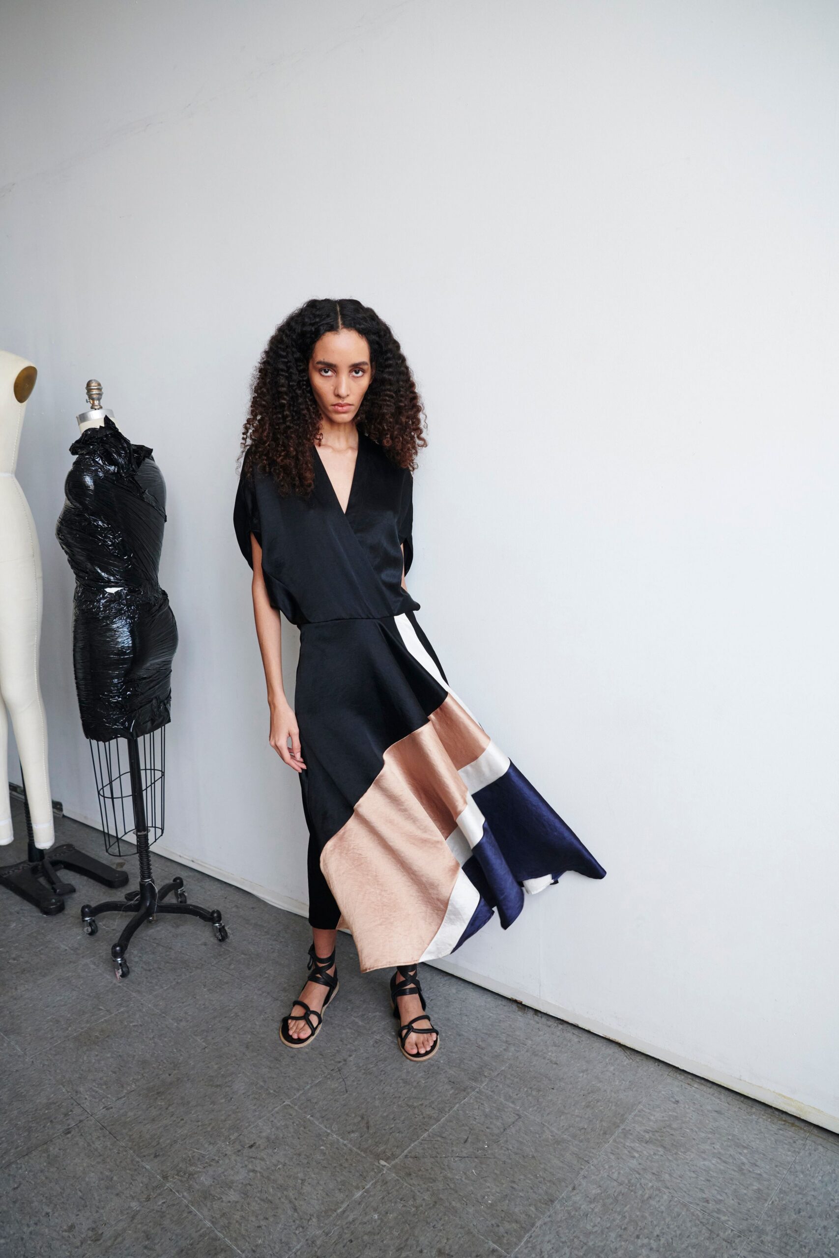 black silk color-blocked midi dress