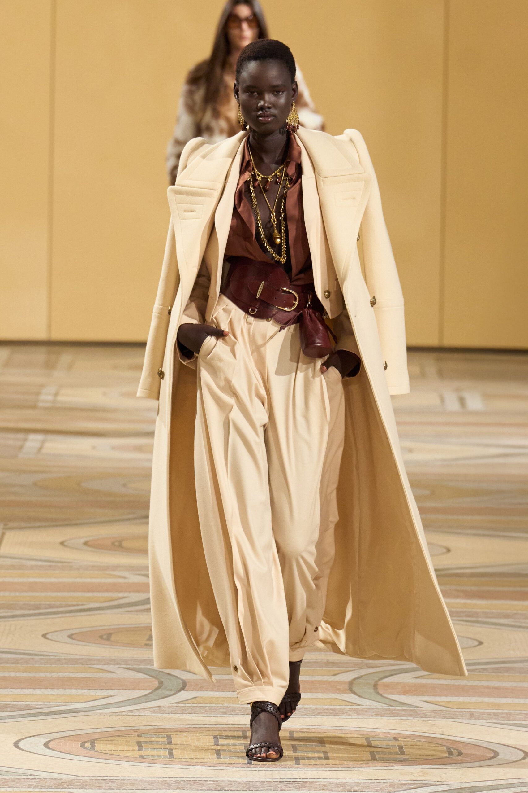 beige wool long-sleeve collared structured maxi coat
