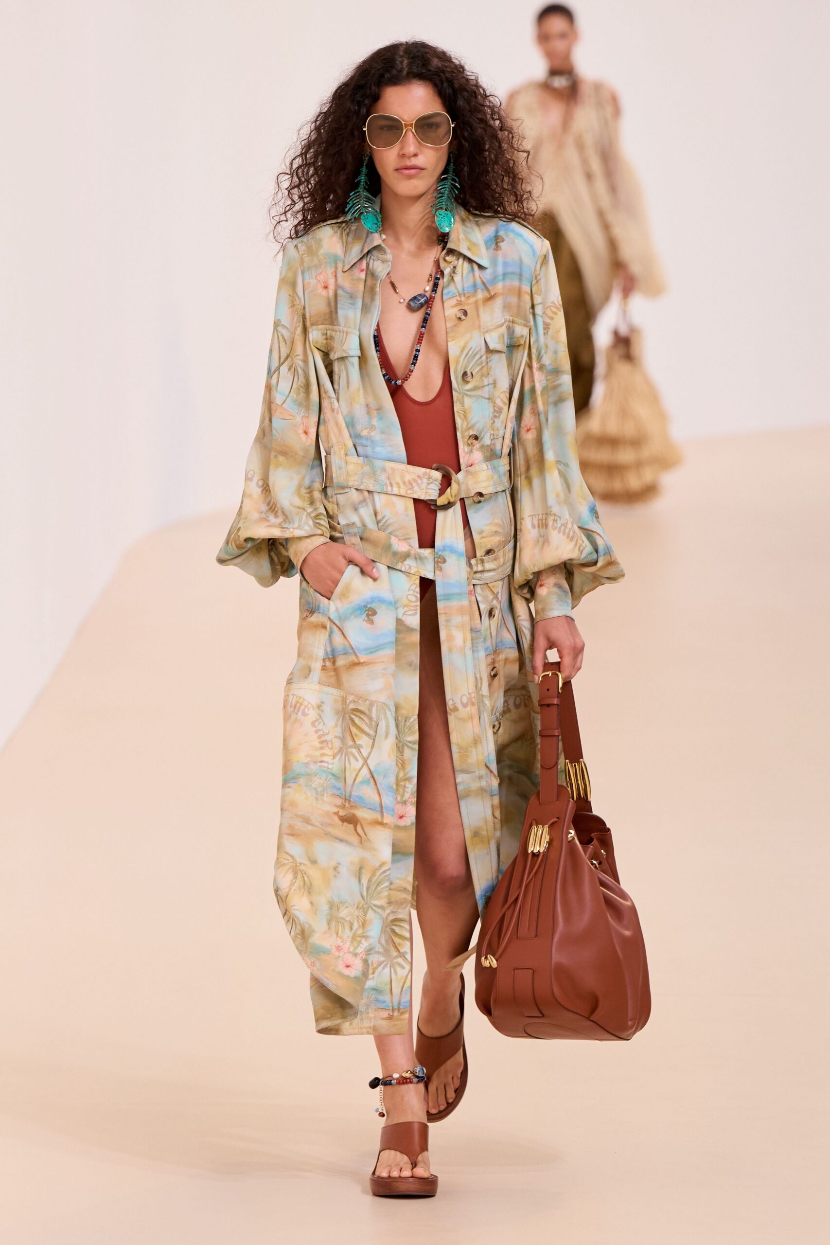 multi silk long-sleeve v-neck relaxed printed midi dress