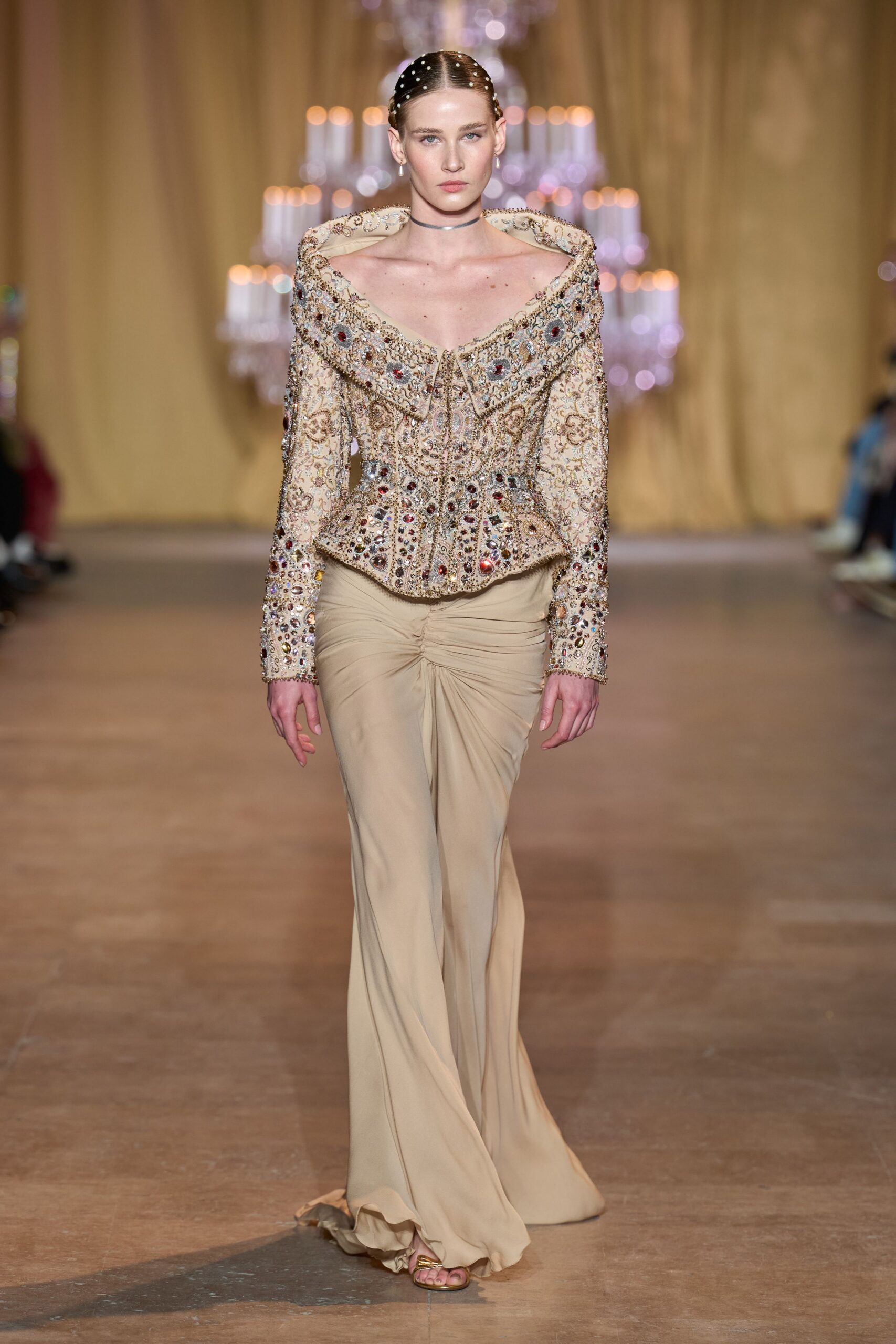 beige silk fitted high-waisted ruched flowing maxi skirt