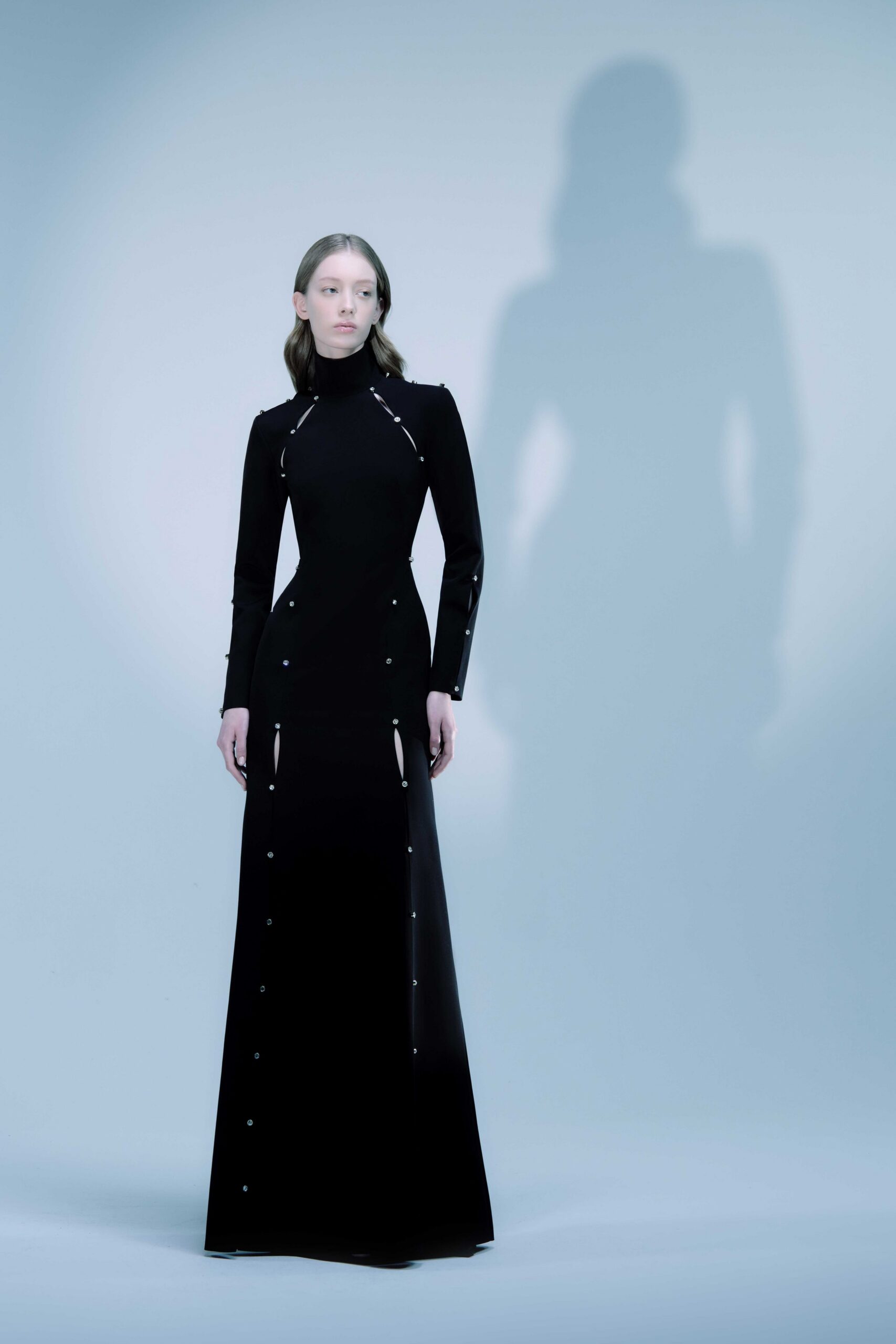 fitted black long-sleeve gown