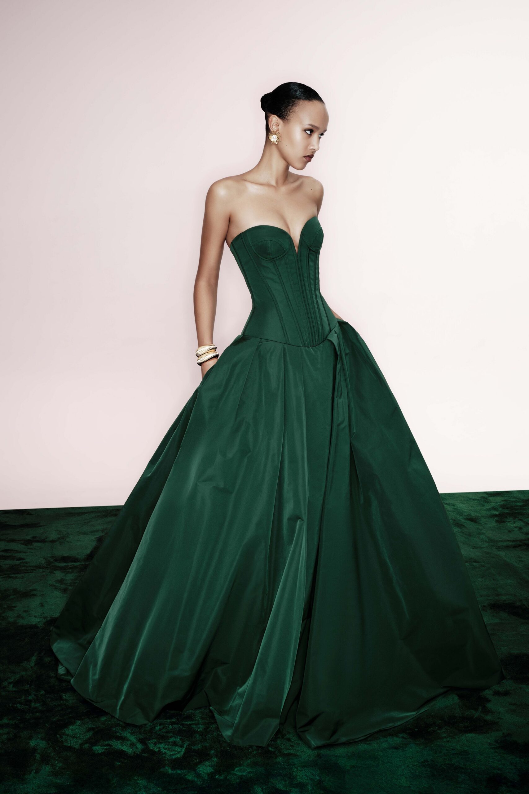 green silk strapless gown