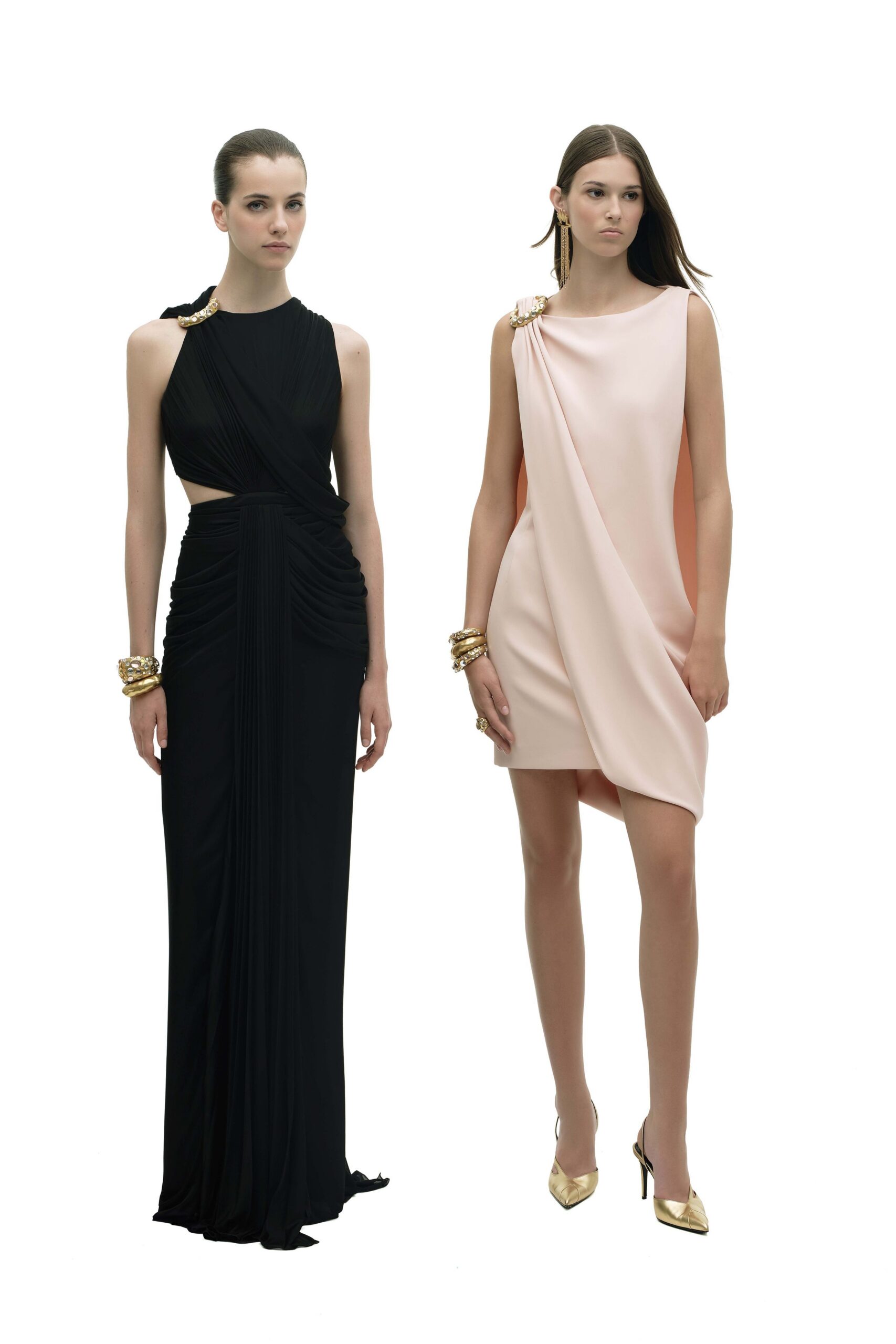 pink silk sleeveless high-neck fitted draped mini dress