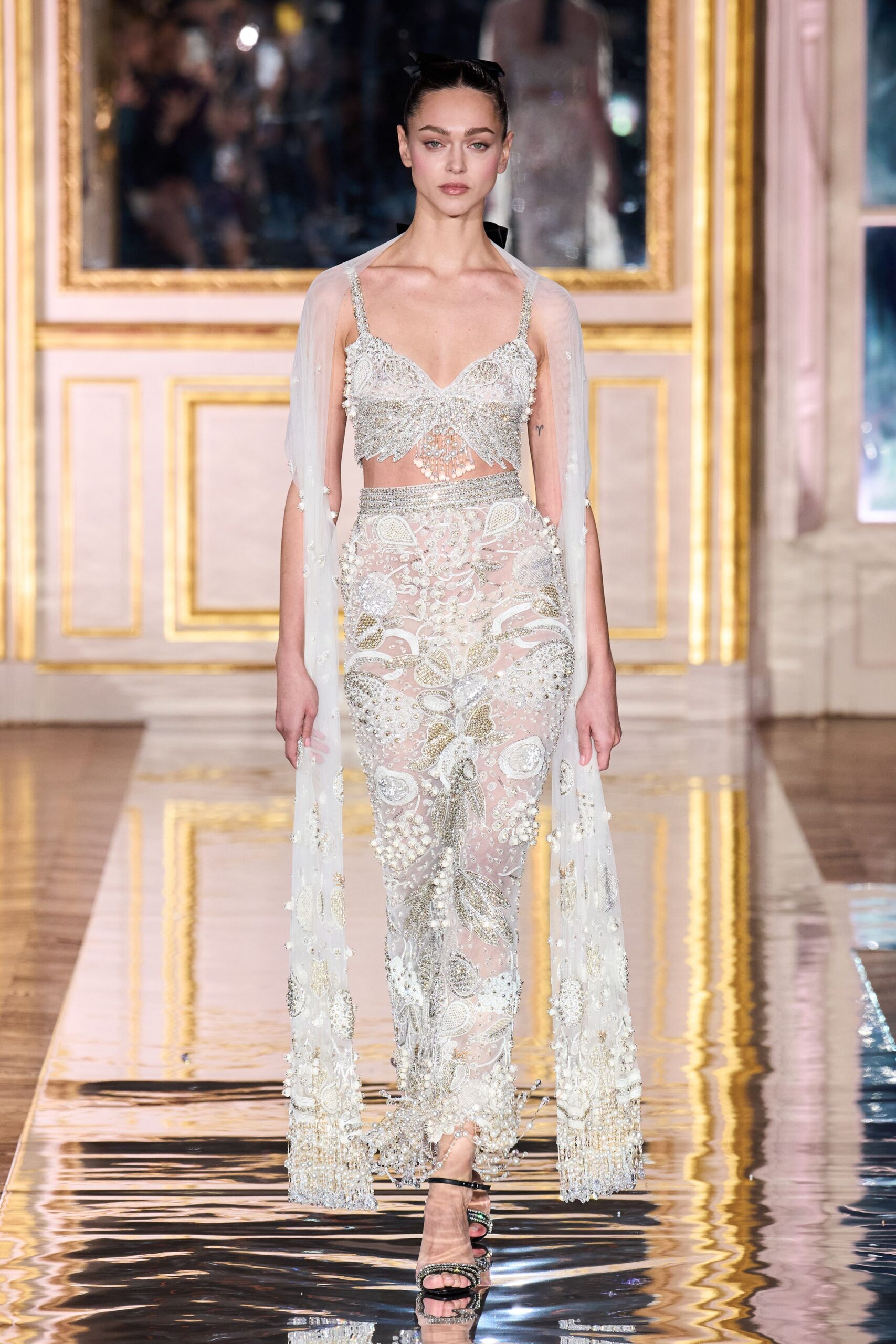 white silk sleeveless v-neck fitted embroidered beaded gown