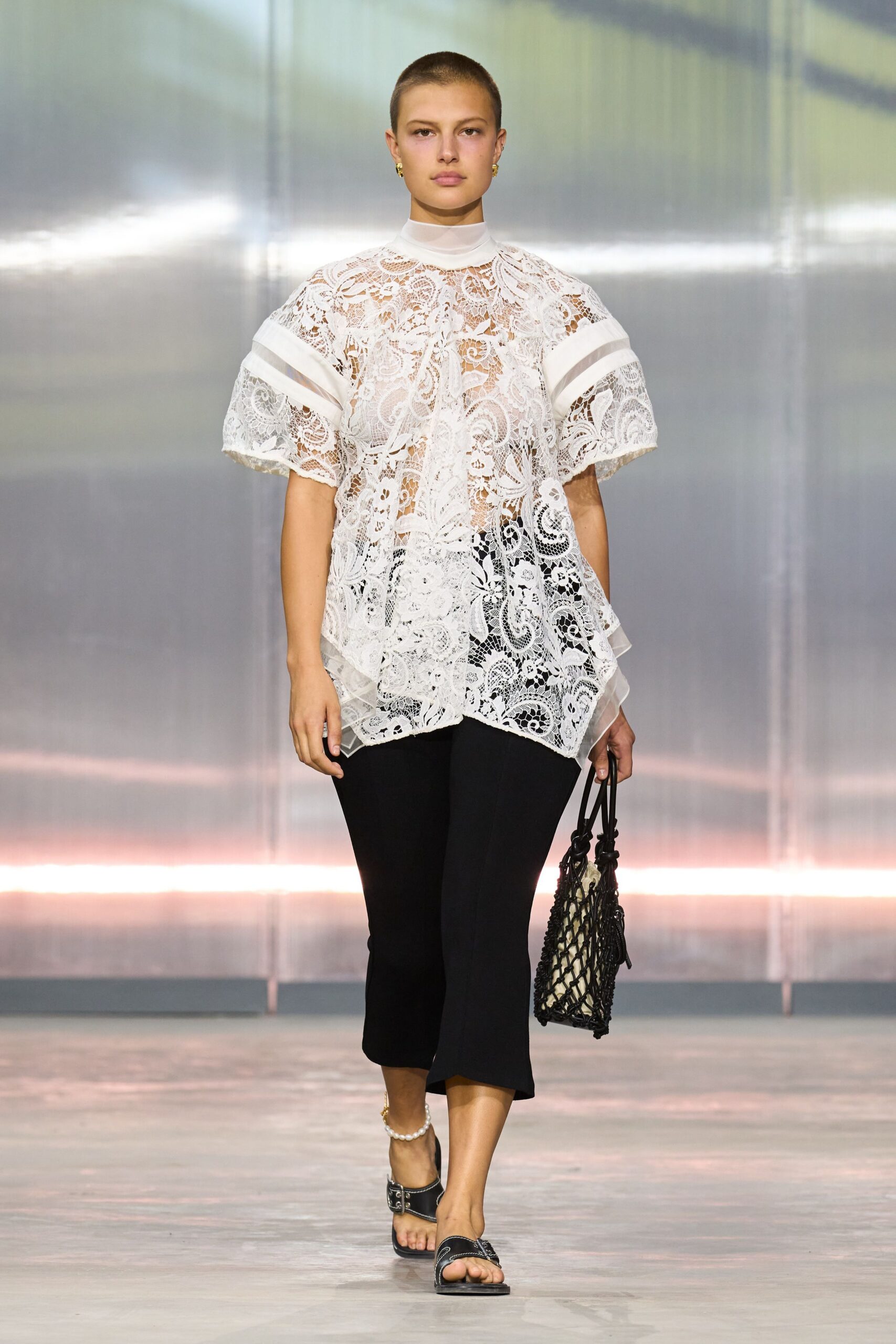 white lace short-sleeve high-neck relaxed layered embroidered top