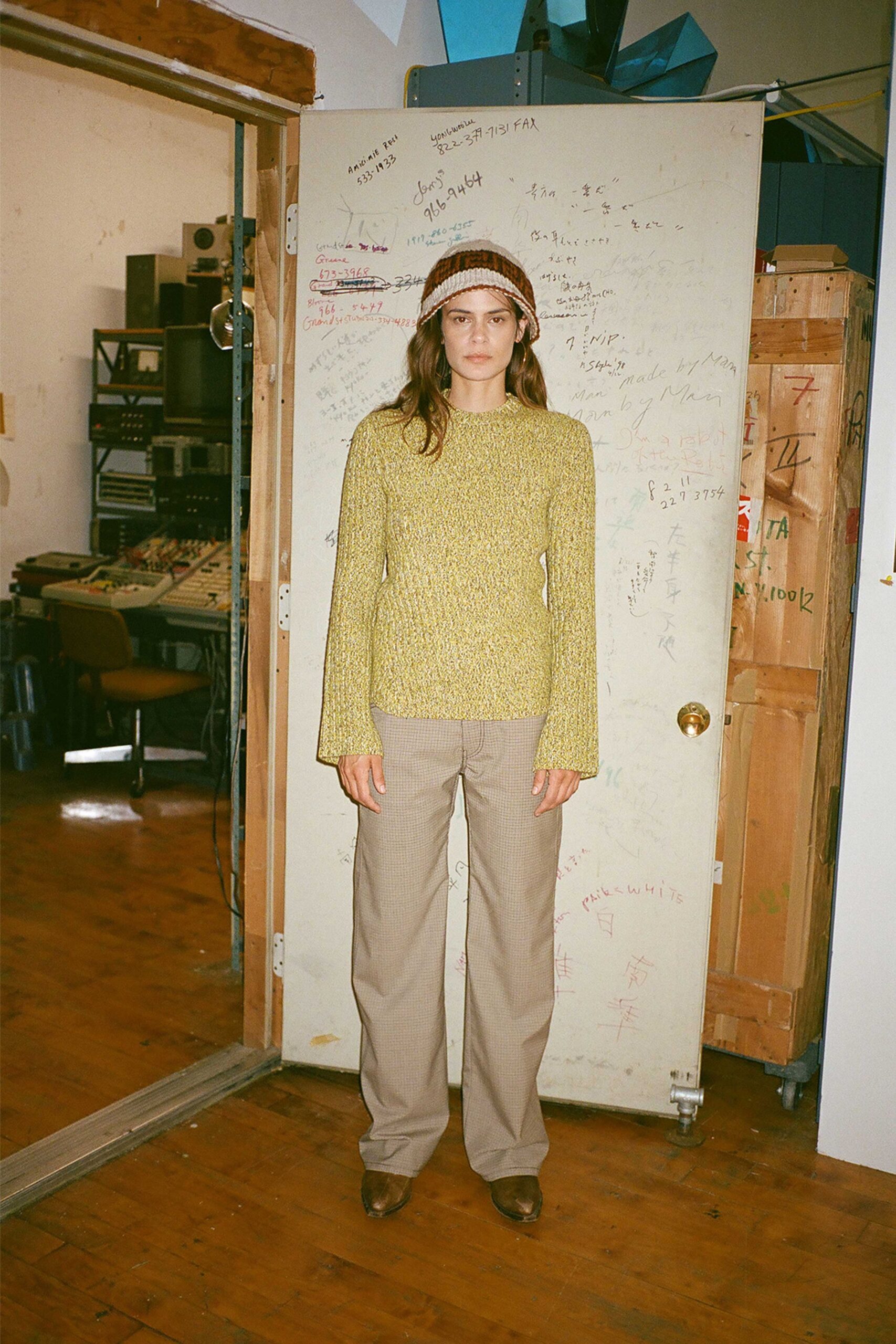 yellow fitted top beige pants