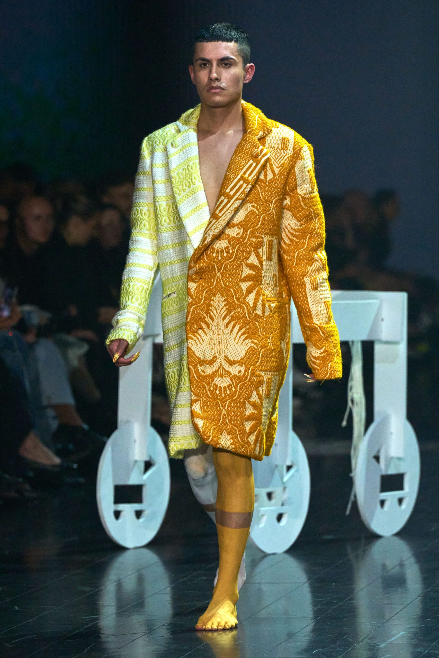 yellow and white embroidered coat