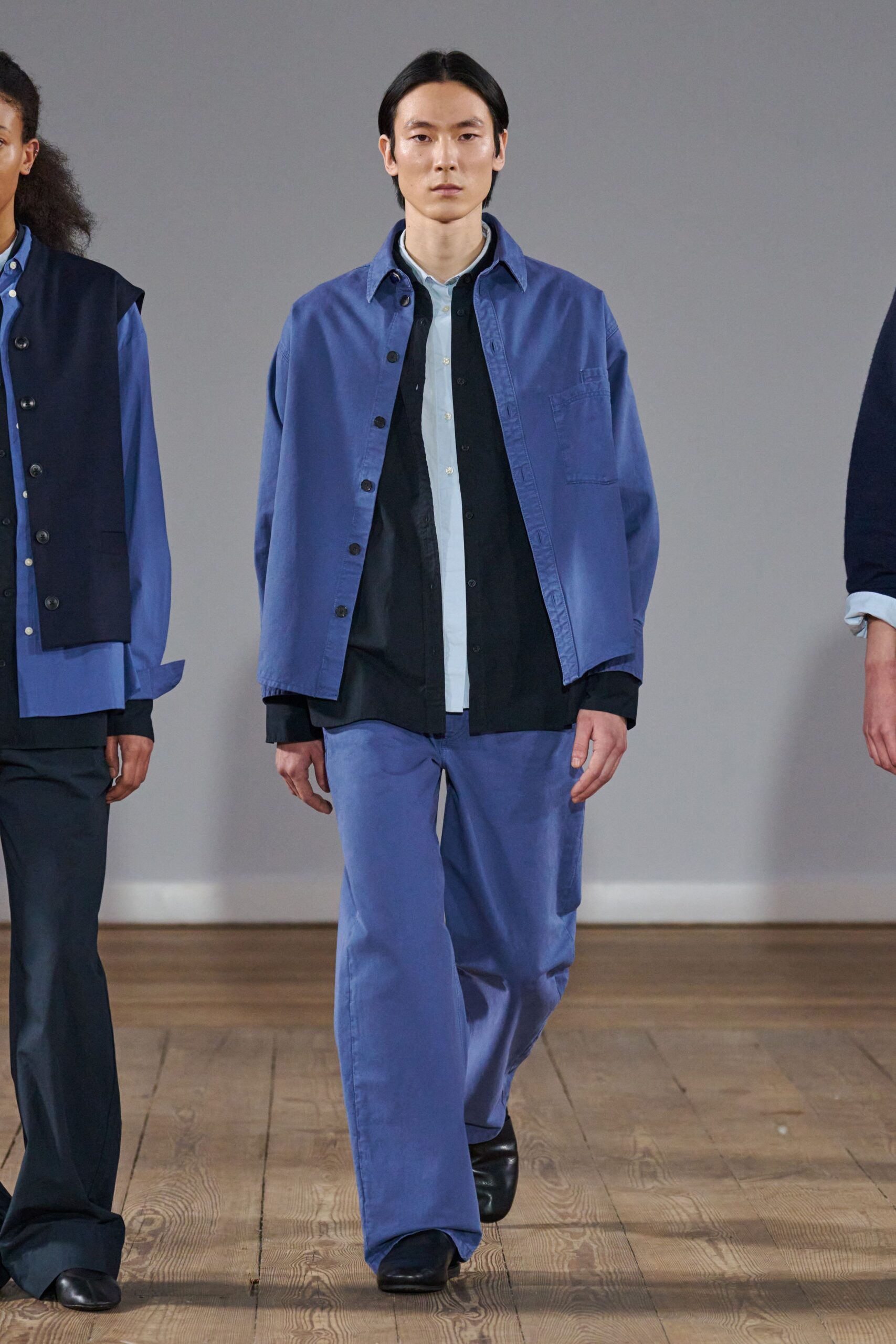 blue relaxed jacket with shirt and pants