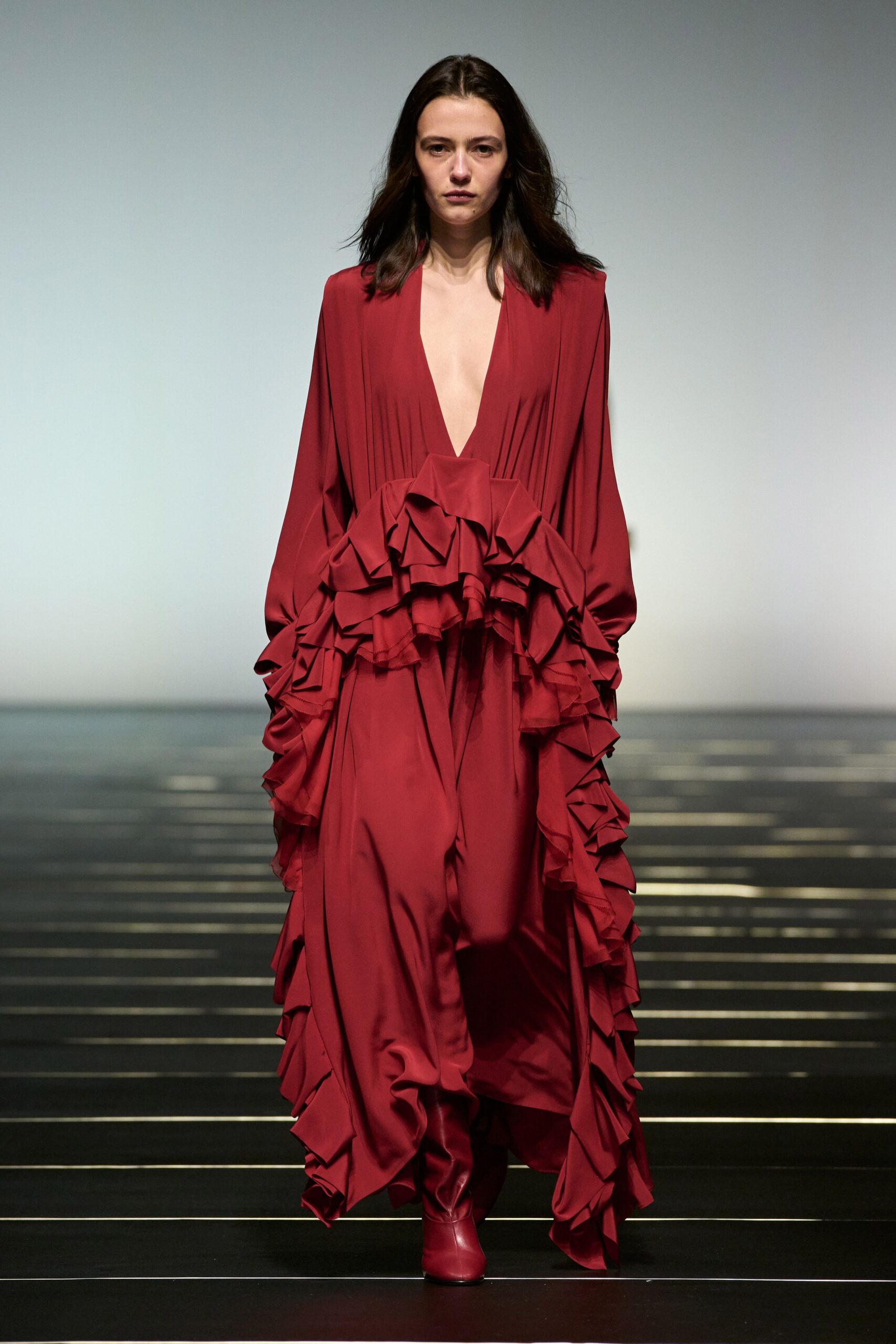 red silk long-sleeve v-neck fitted ruffled maxi gown