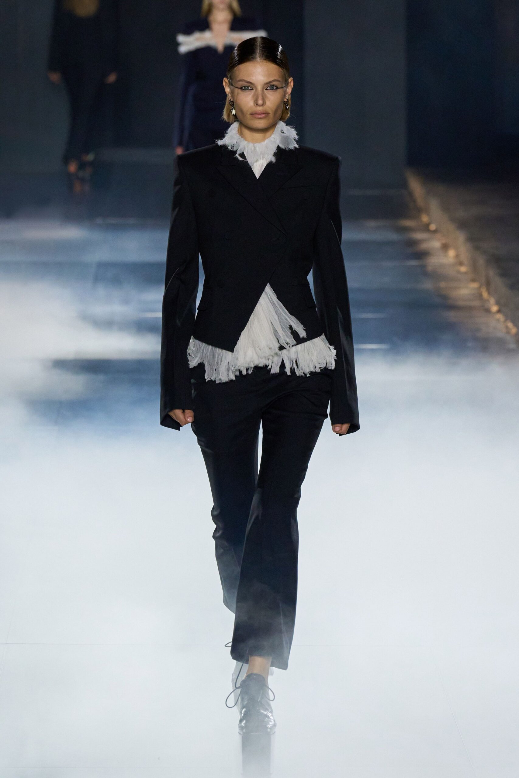 black cotton long-sleeve collared tailored fringed blazer