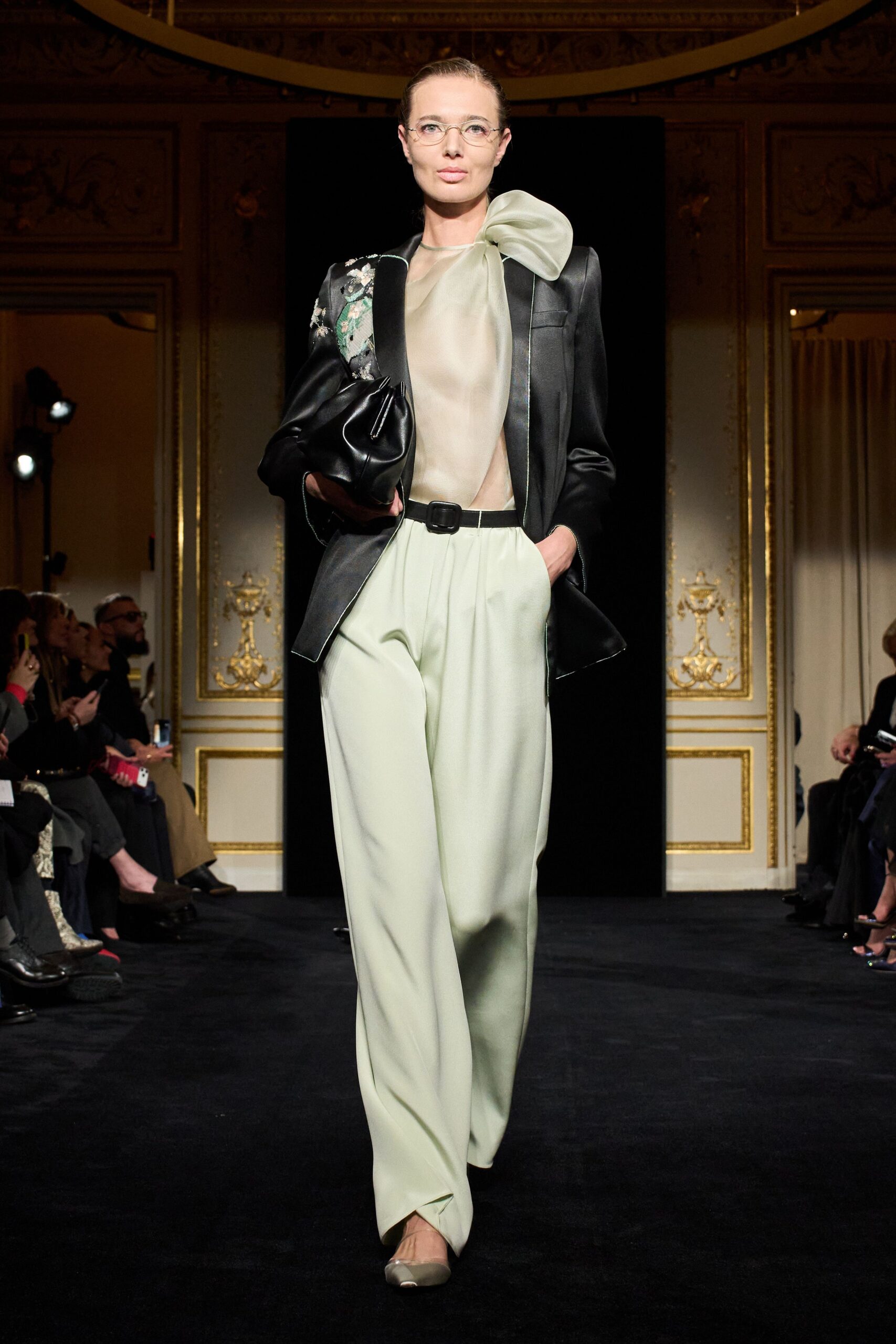 black leather blazer with beige top