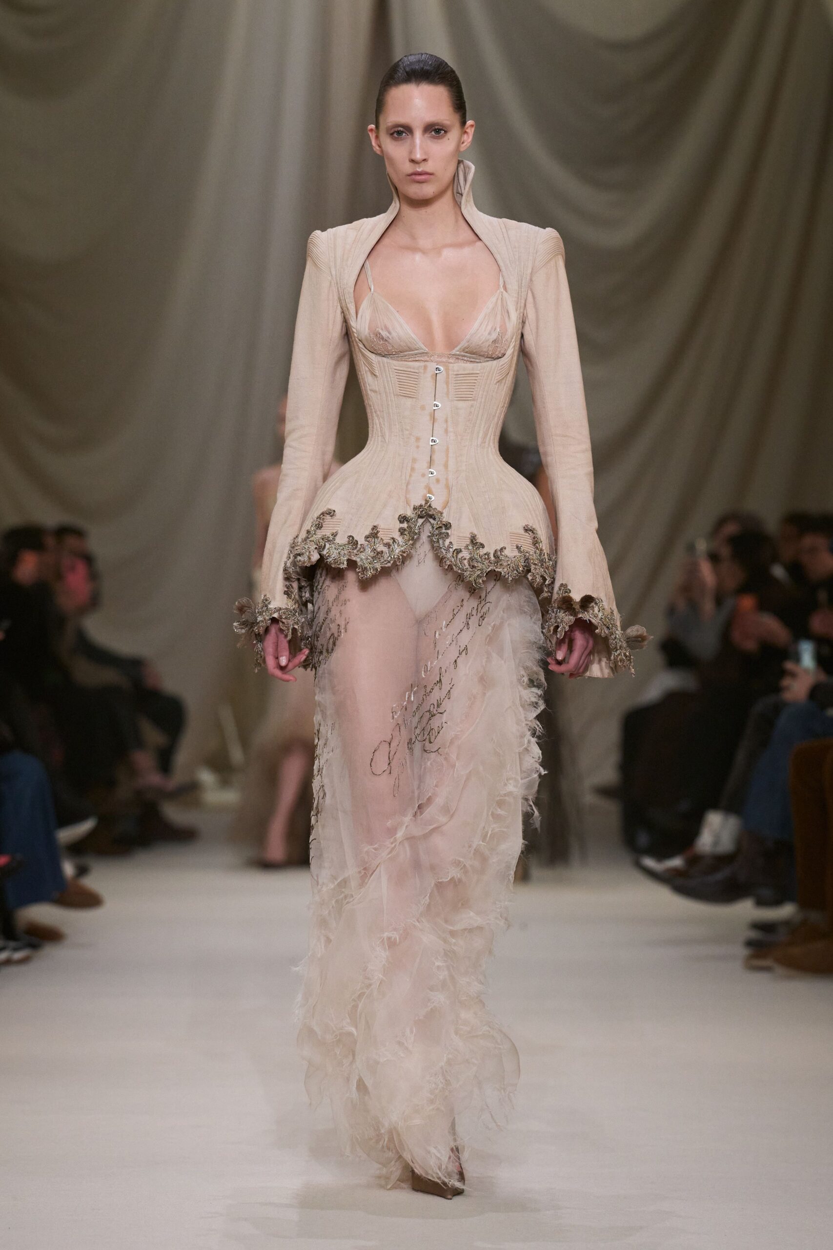 beige silk fitted gown
