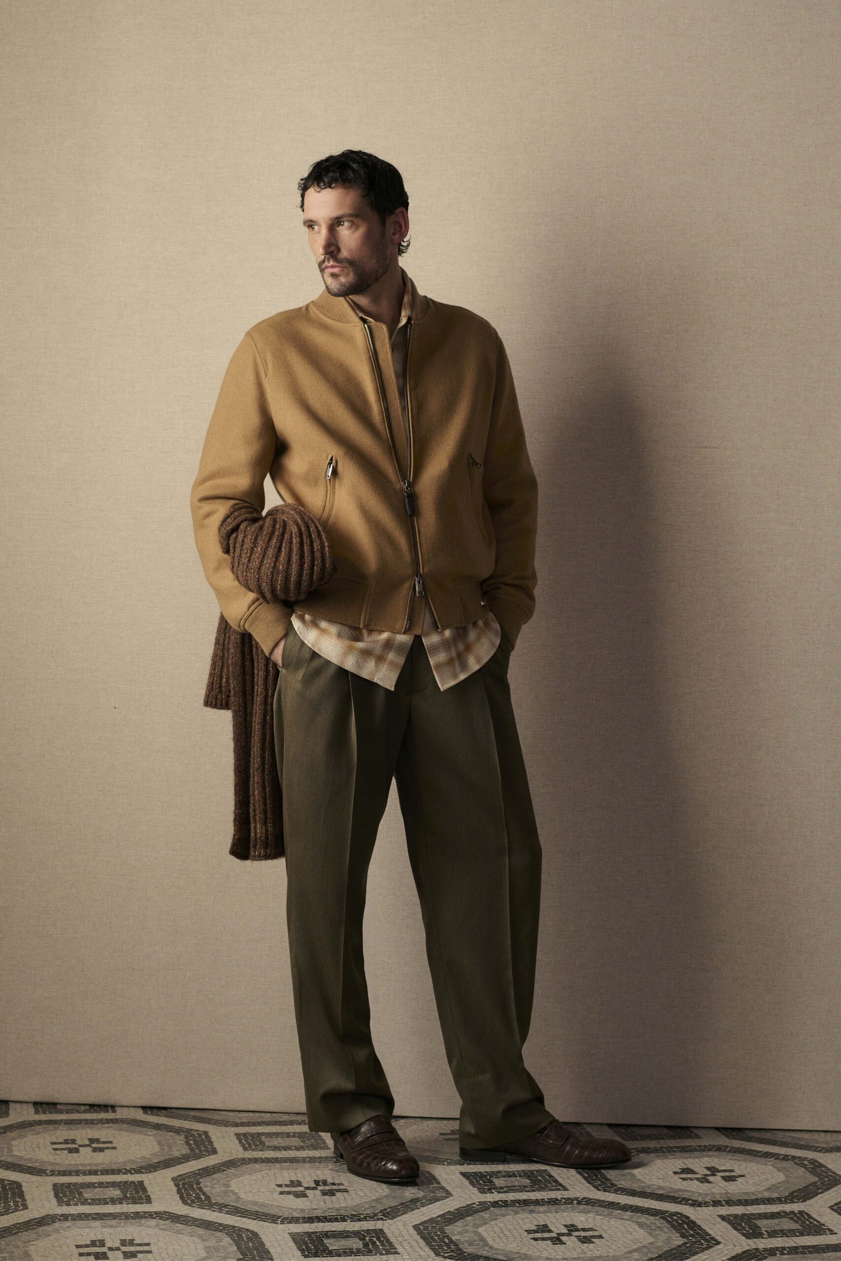 brown wool jacket with checked shirt