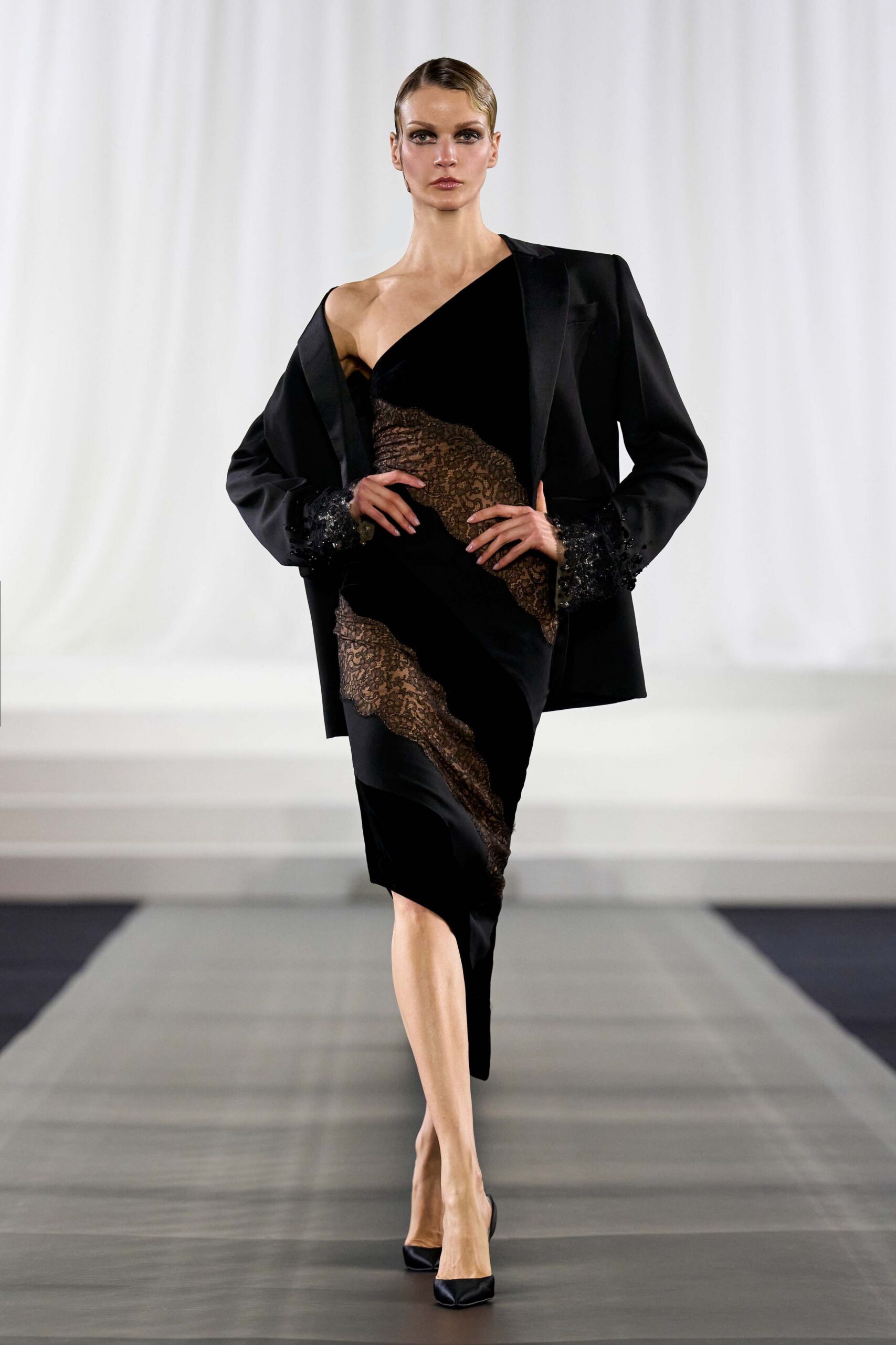 black silk asymmetric strapless fitted ruched midi dress