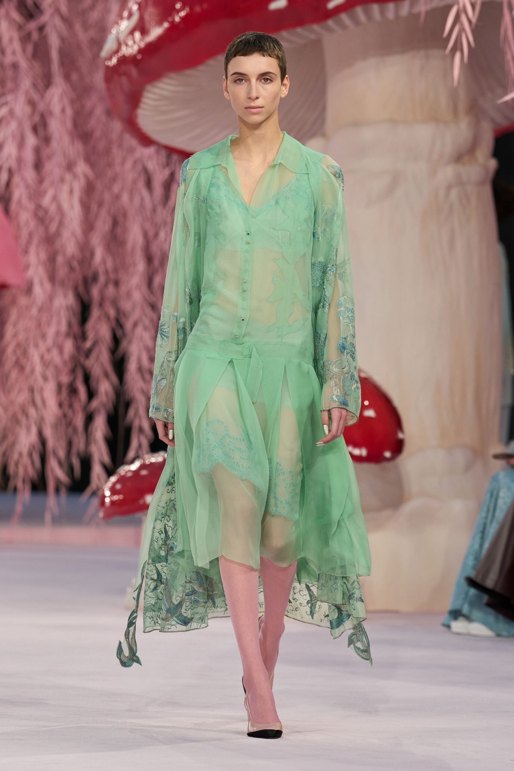 green silk long-sleeve collared relaxed embroidered layered dress