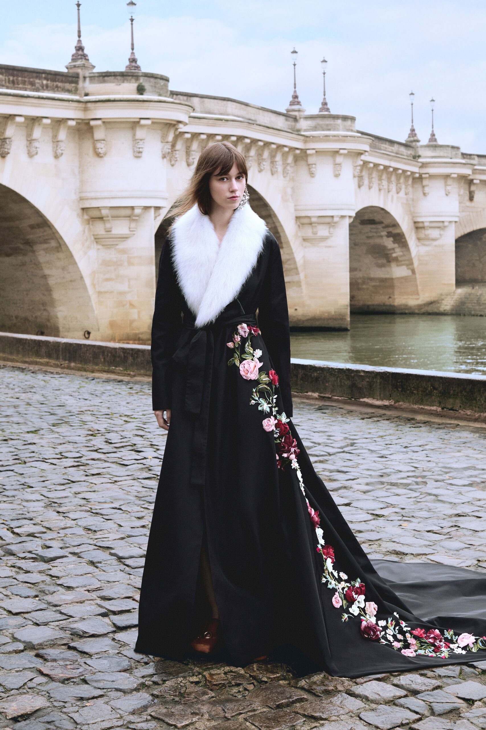 black silk embroidered gown