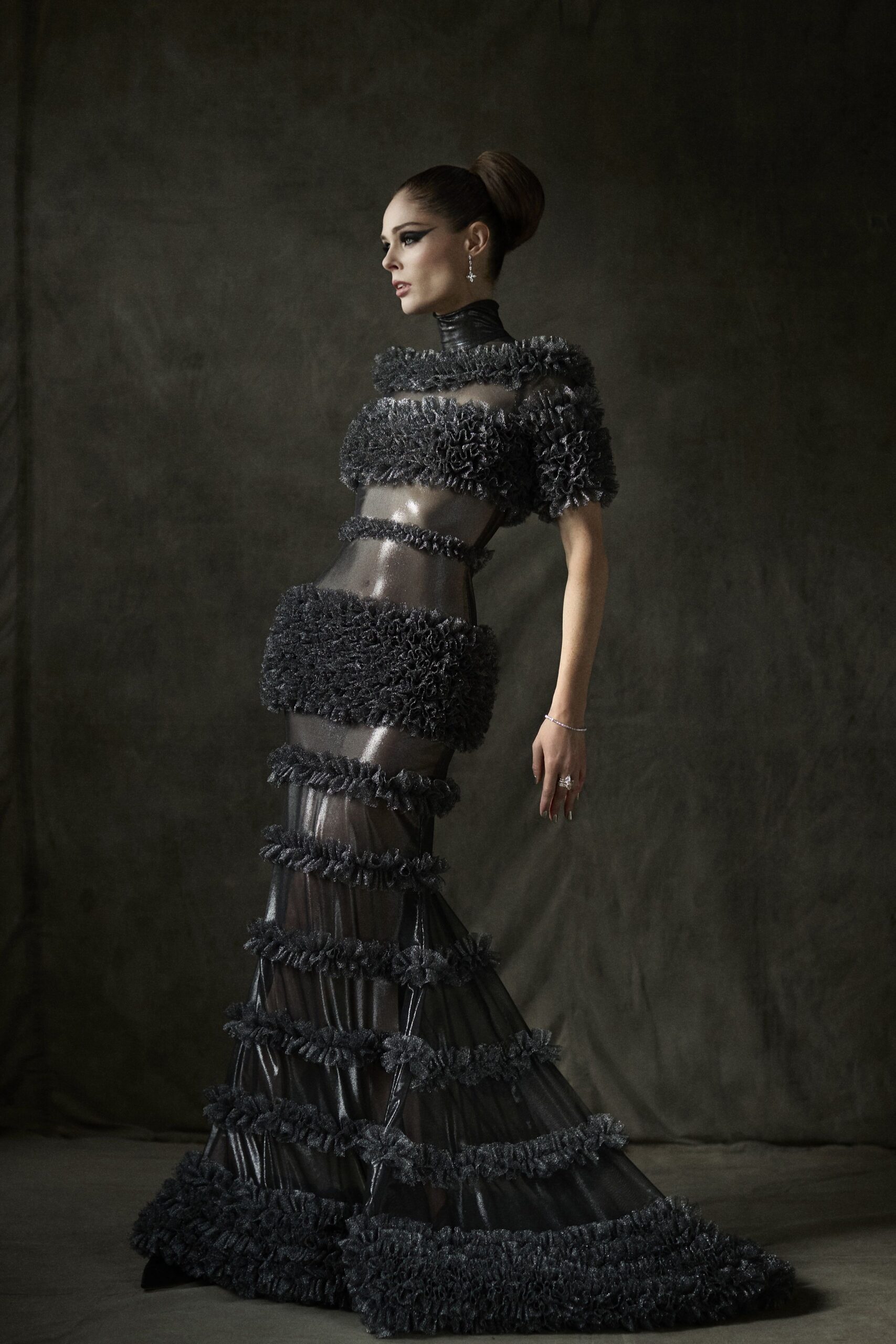 black ruffled sheer gown