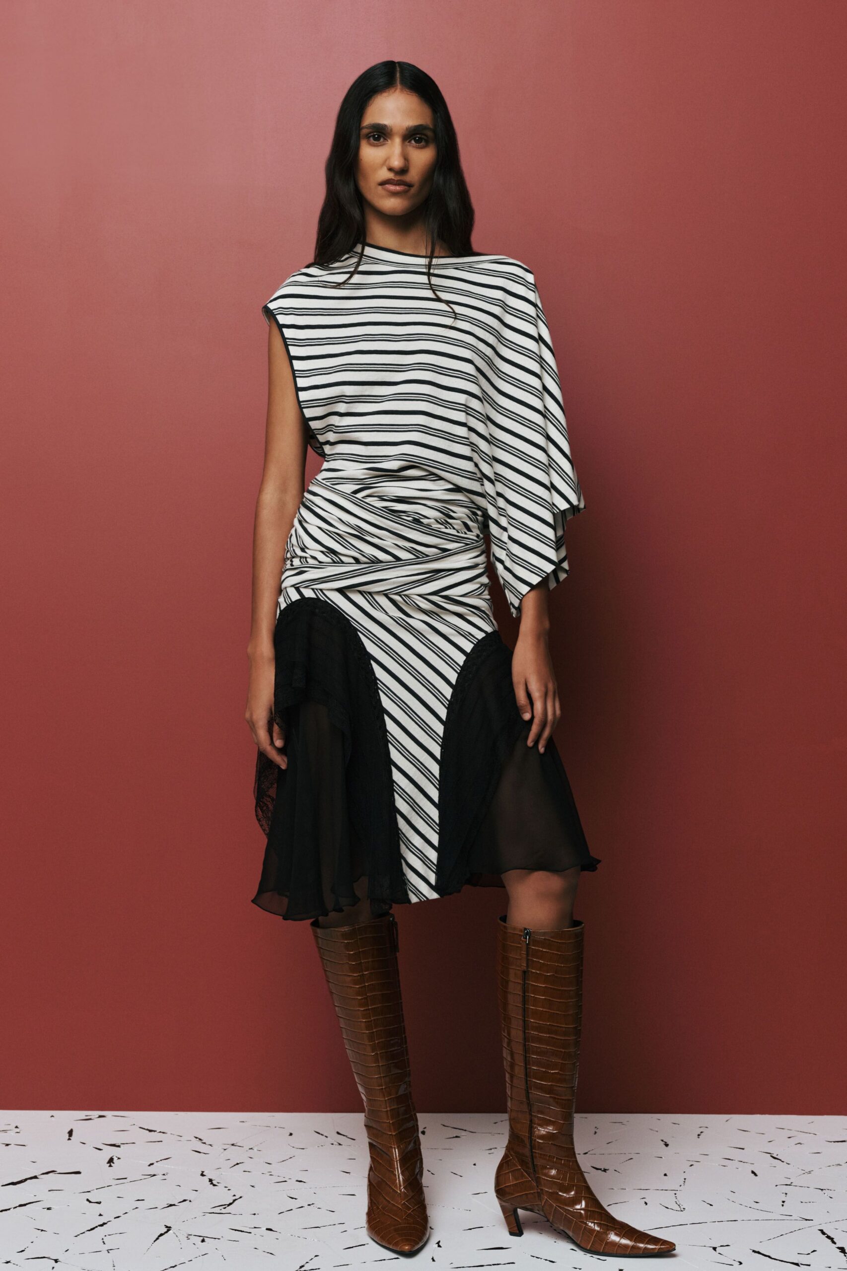striped midi dress with brown boots