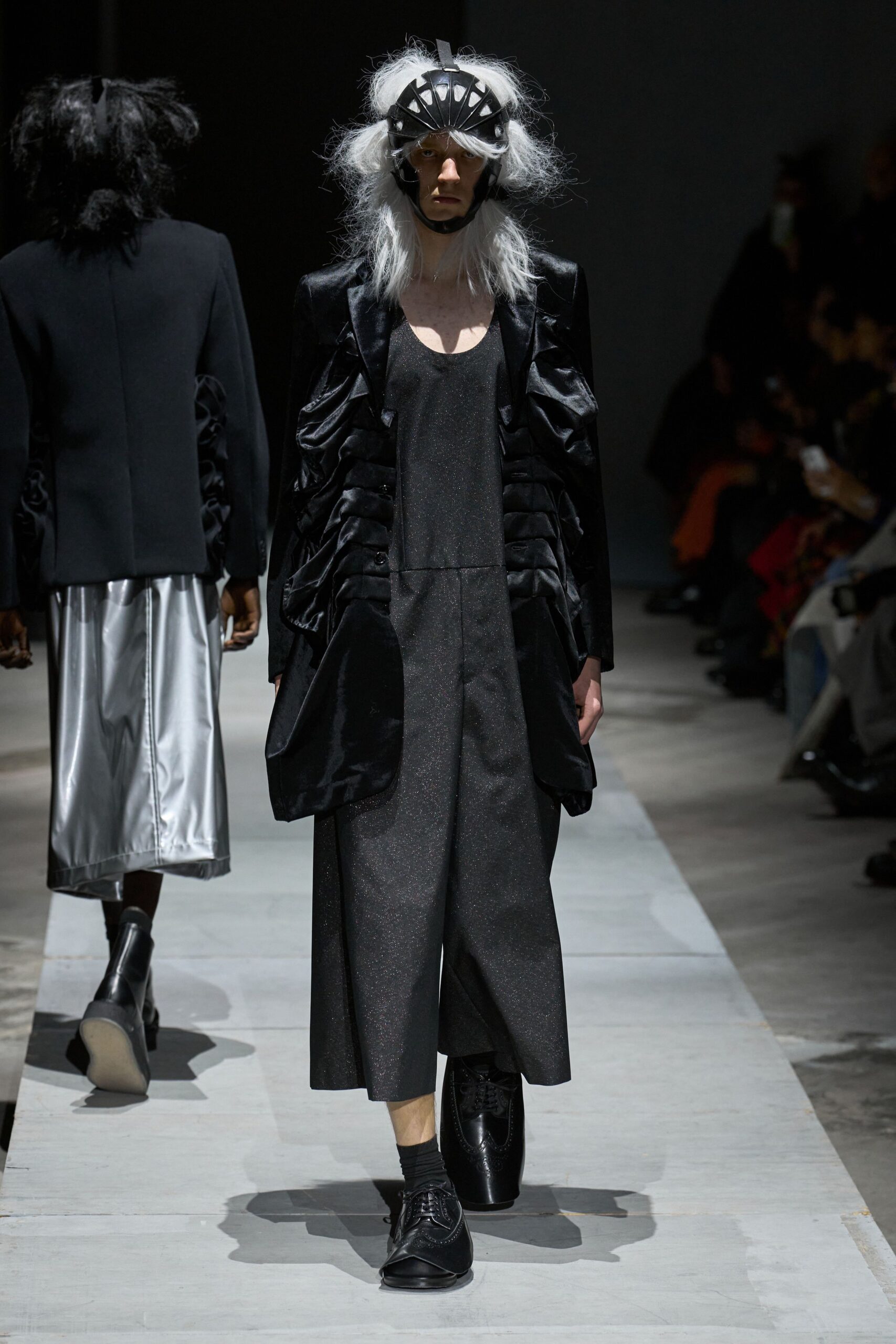 black silk ruffled jacket and jumpsuit