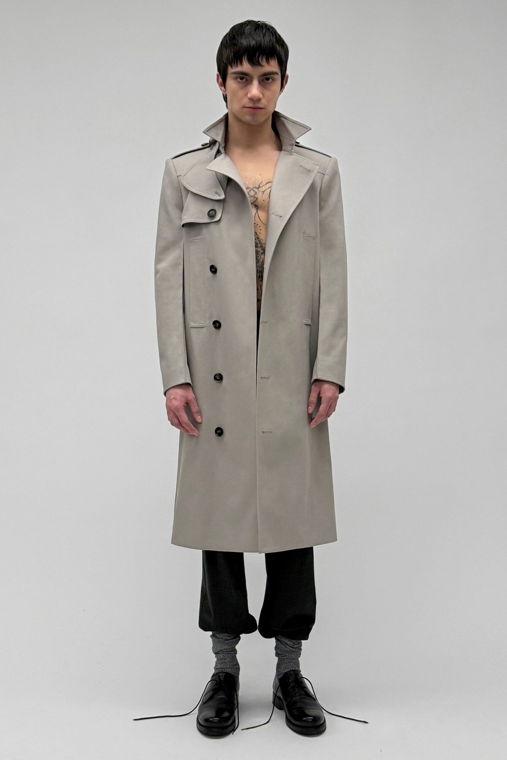 gray cotton long-sleeve collared tailored buttoned maxi trench