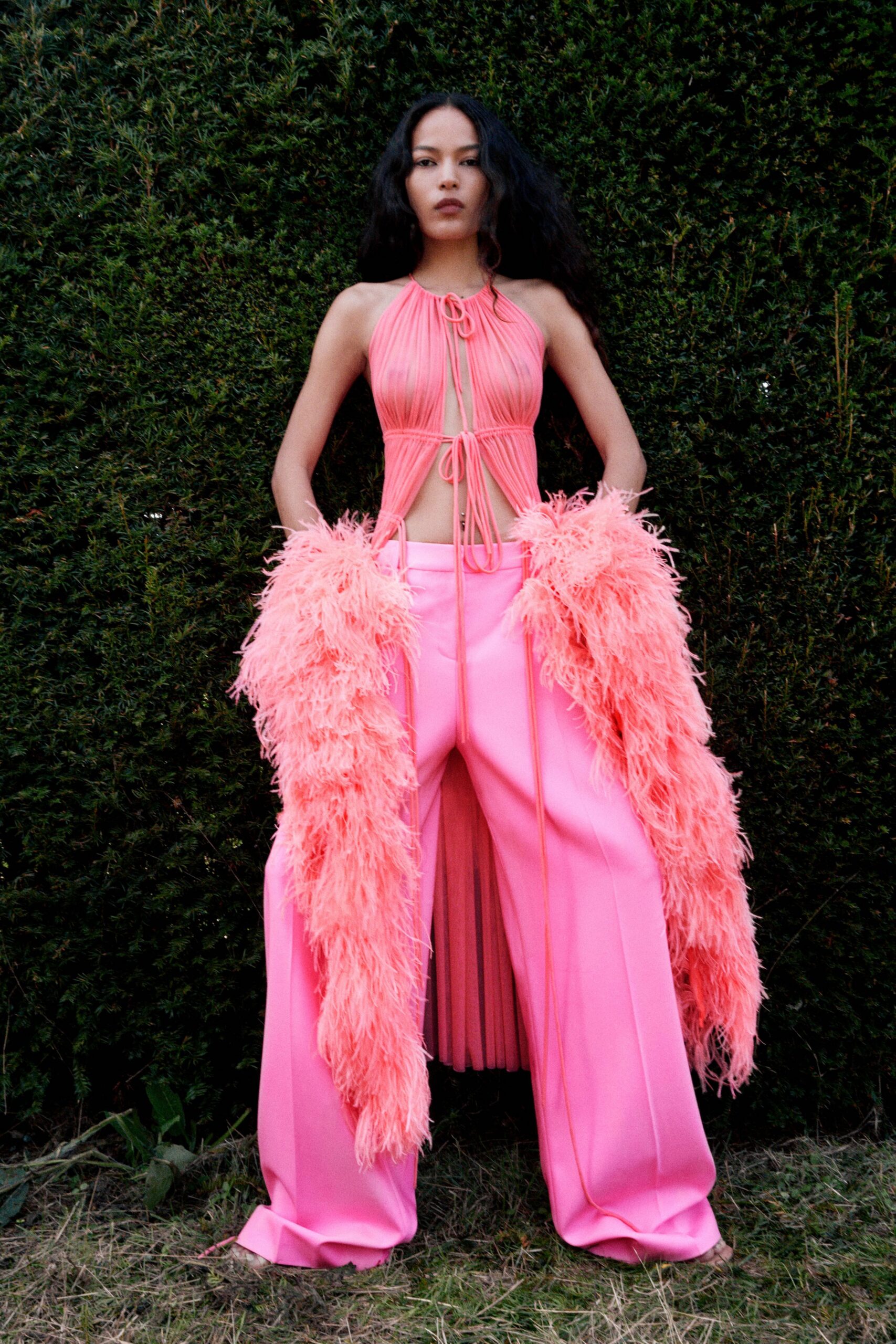 pink feather oversized fringed cape