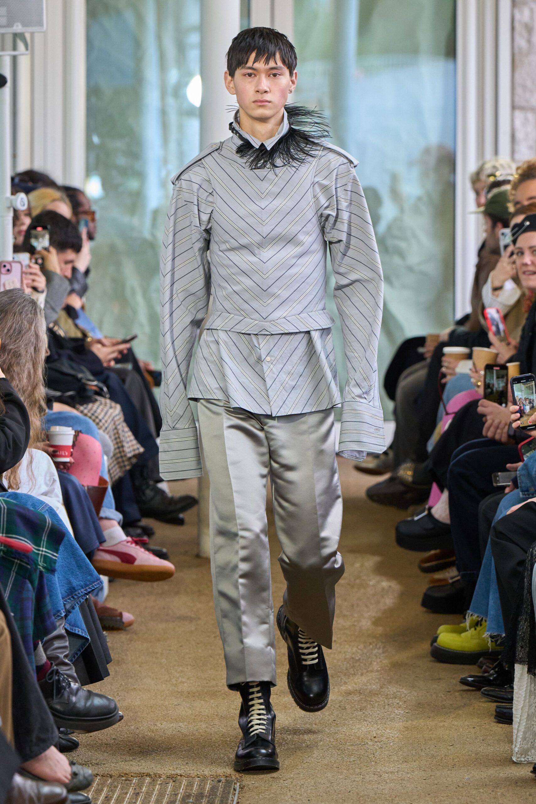 gray striped shirt with silver pants