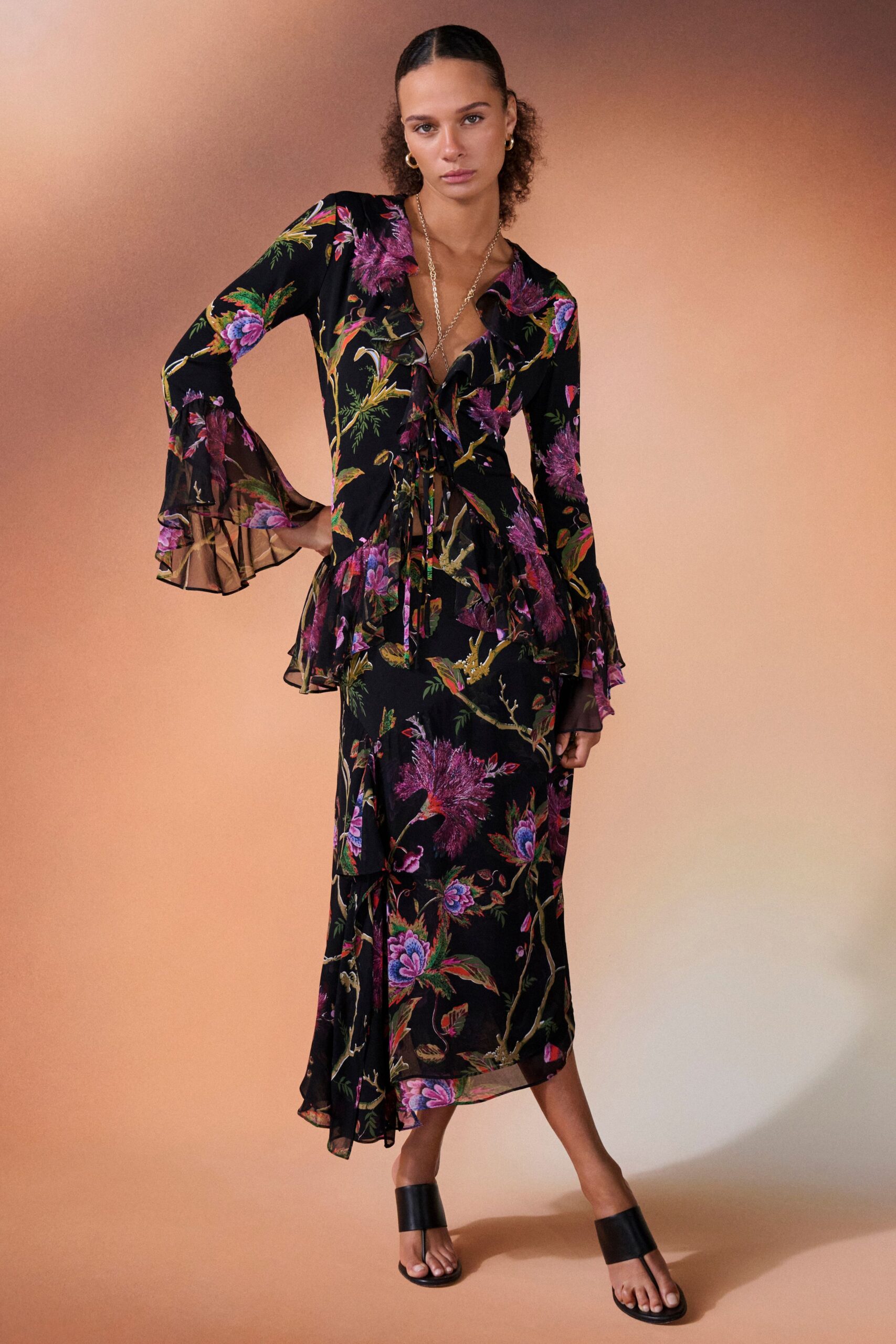 floral midi dress with open-toe shoes