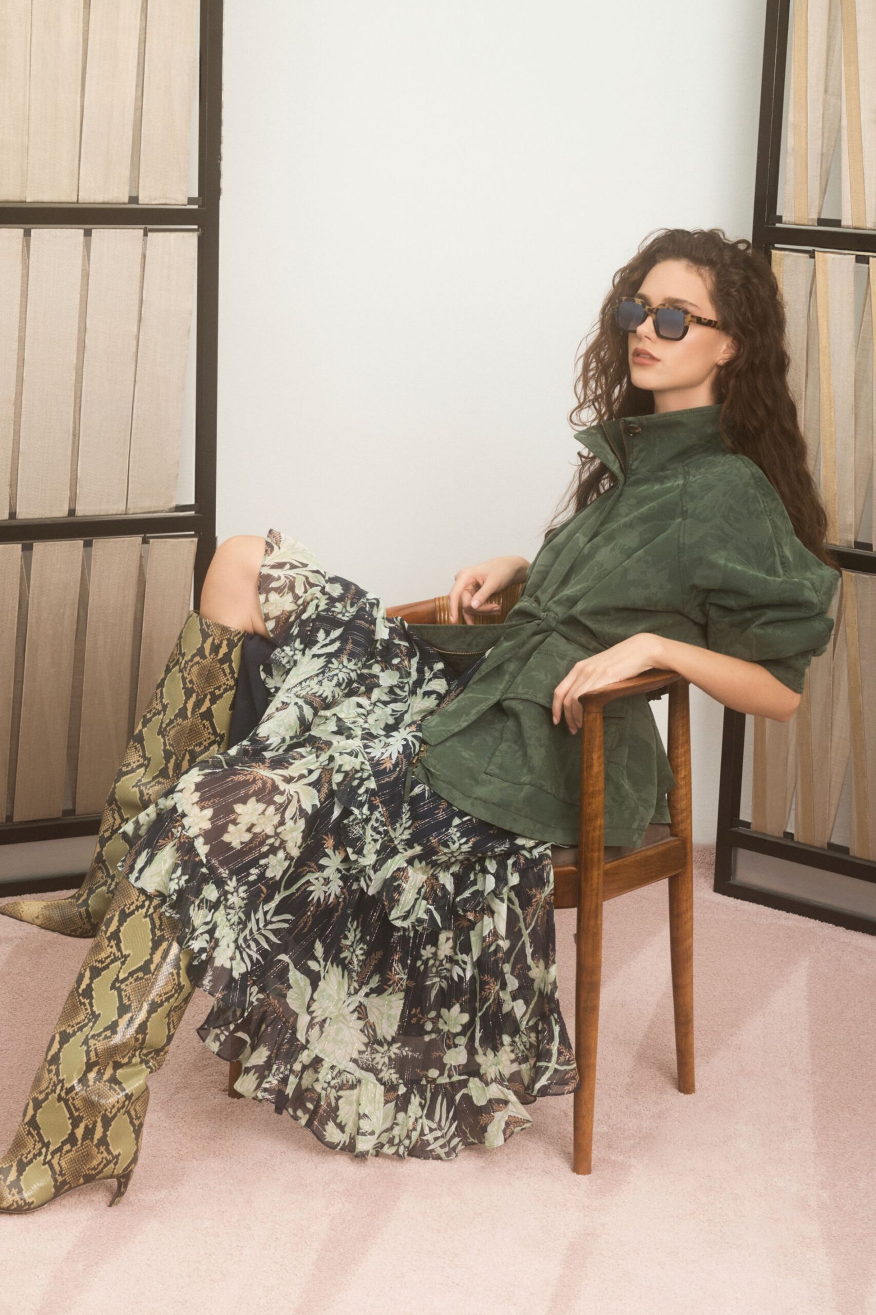 green relaxed jacket with multi skirt