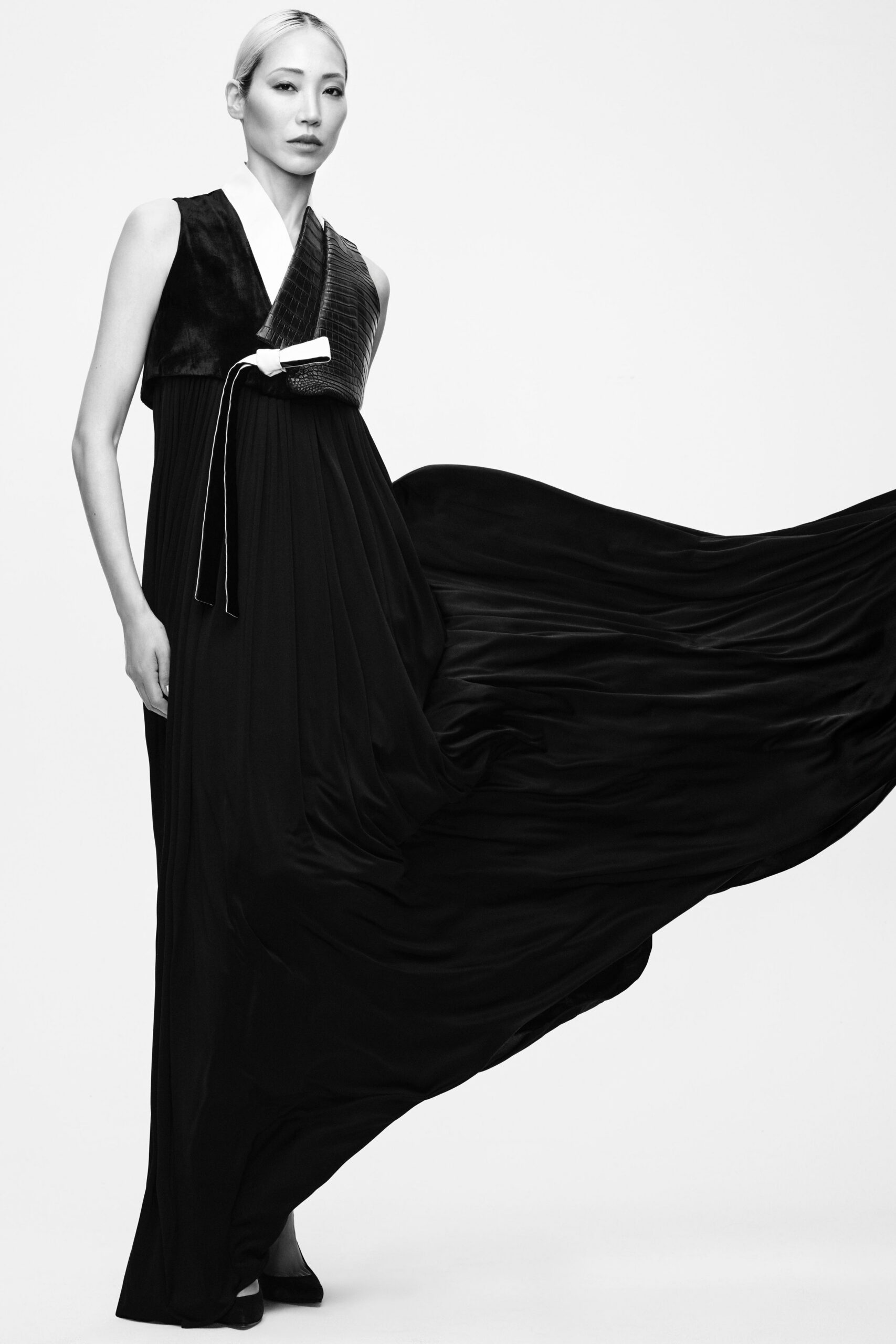 black silk sleeveless gown