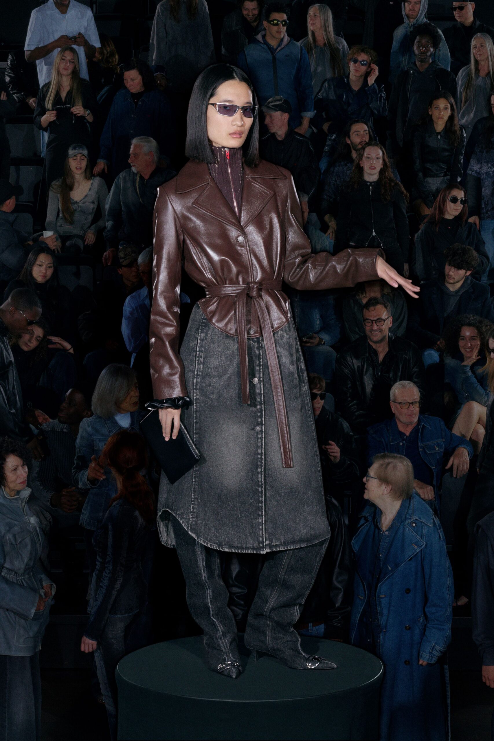 brown leather long-sleeve collared fitted belted coat