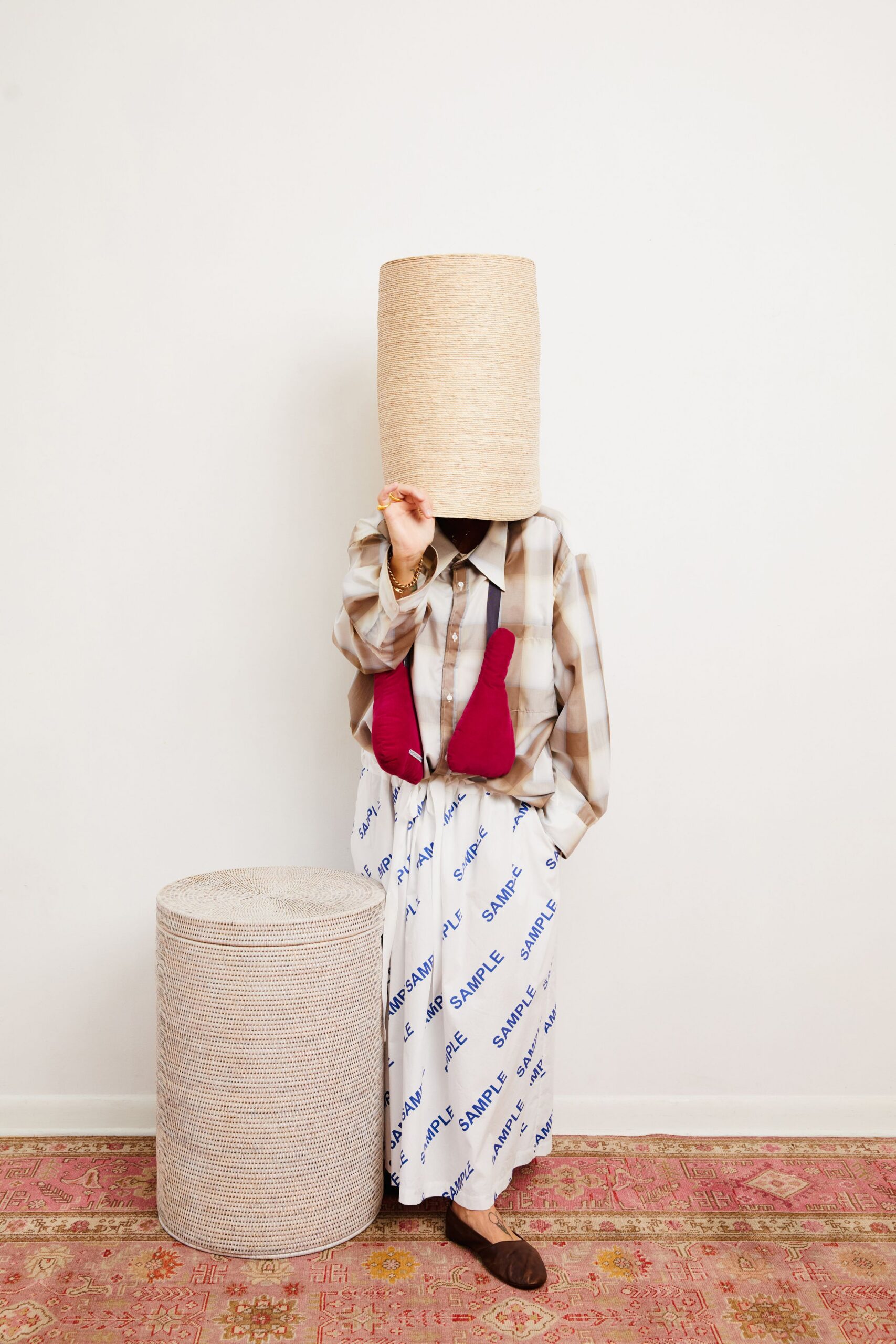beige checked shirt and printed maxi skirt