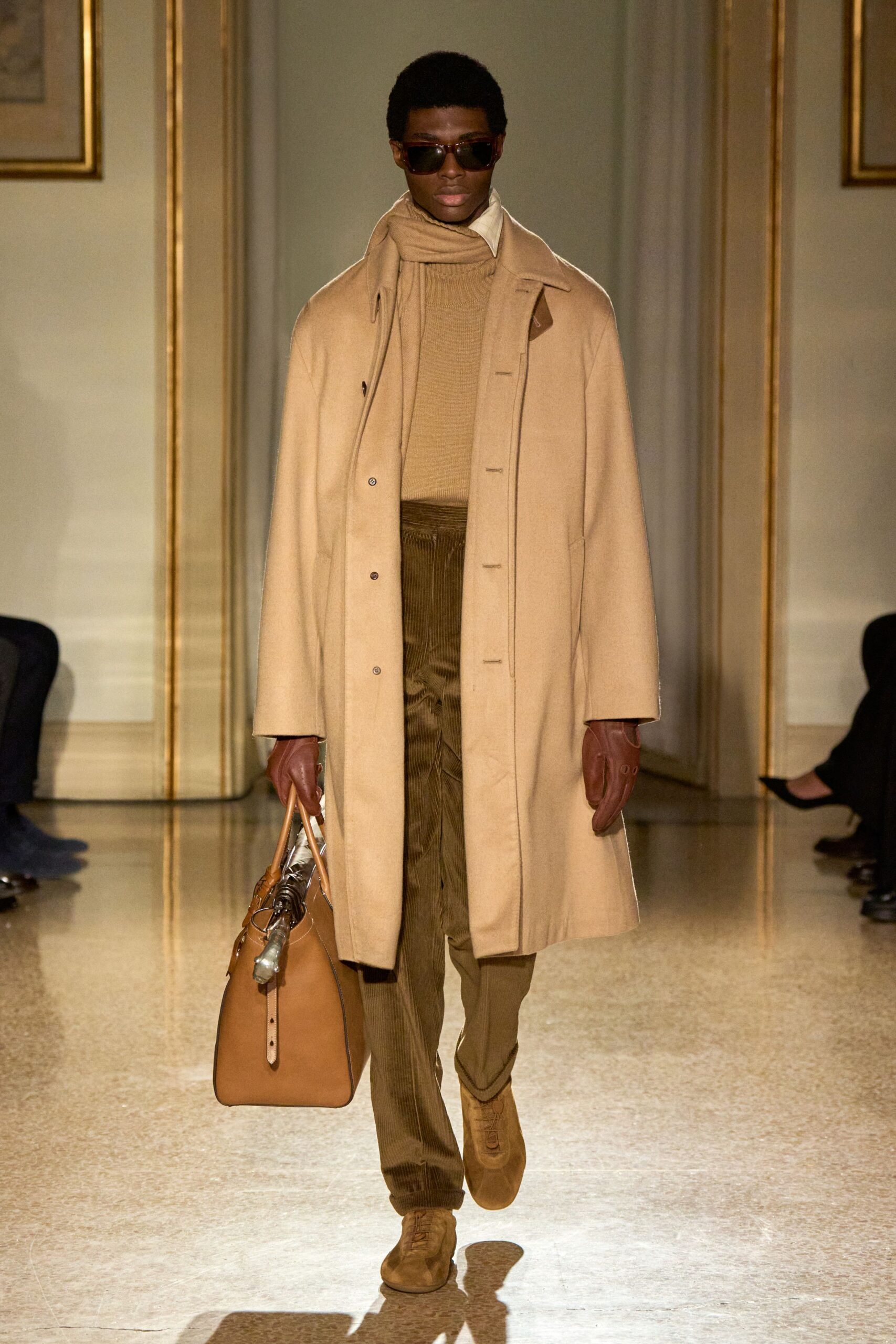 beige wool coat with tan sweater