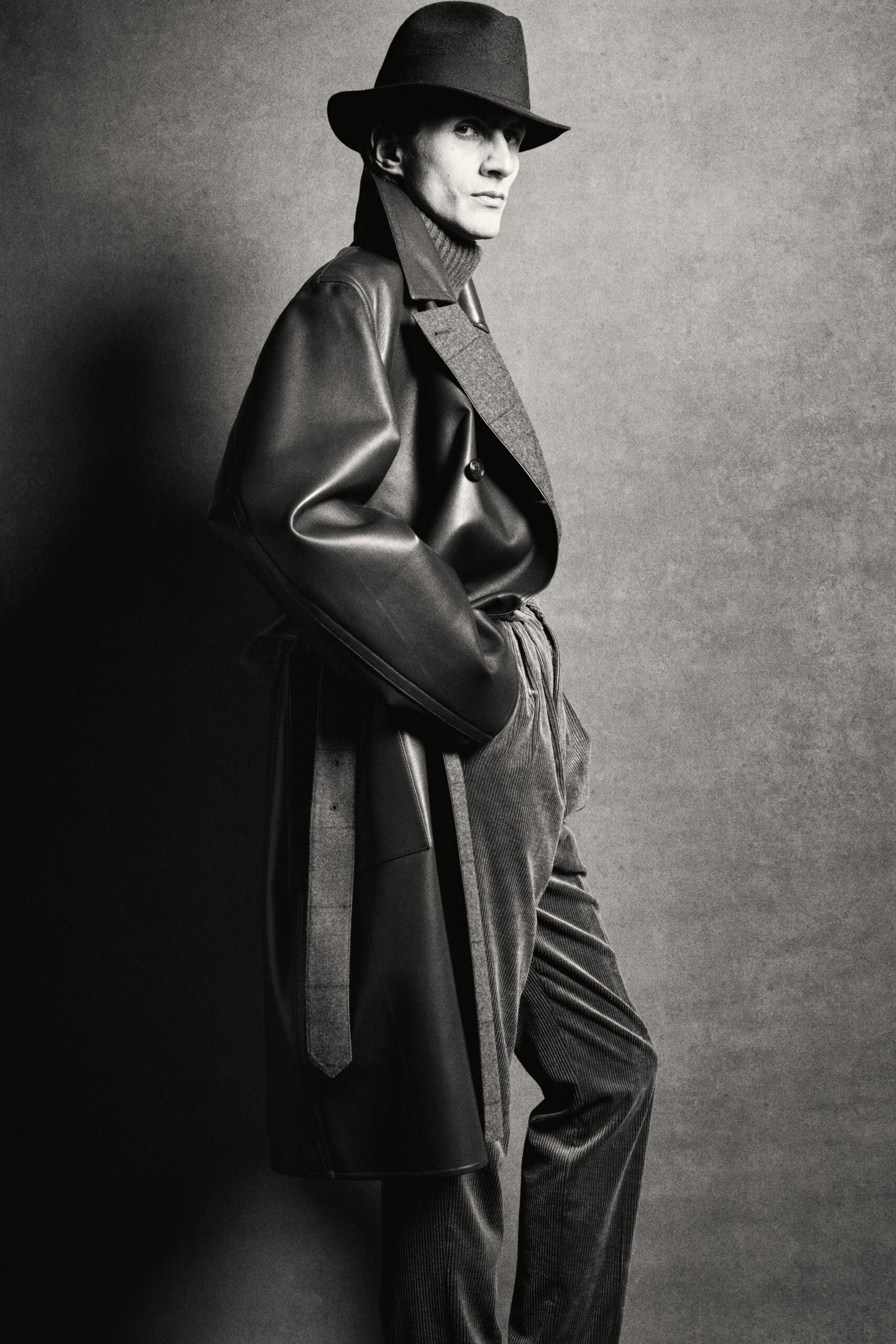 black leather coat with hat