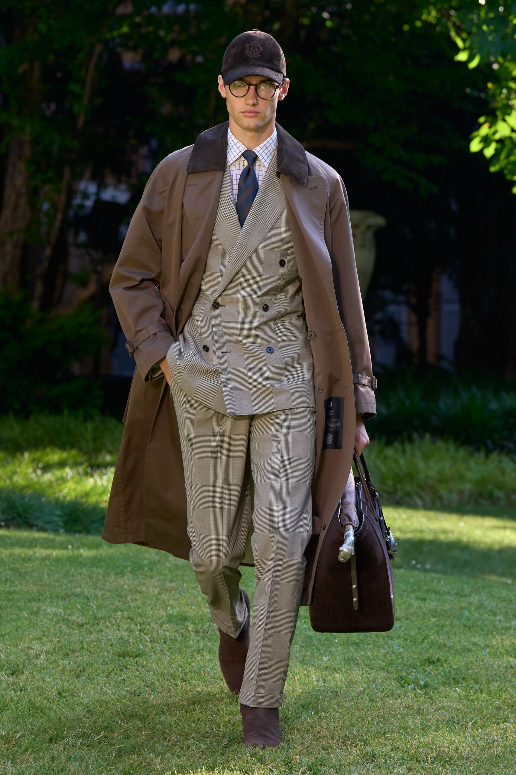 brown coat gray suit outfit