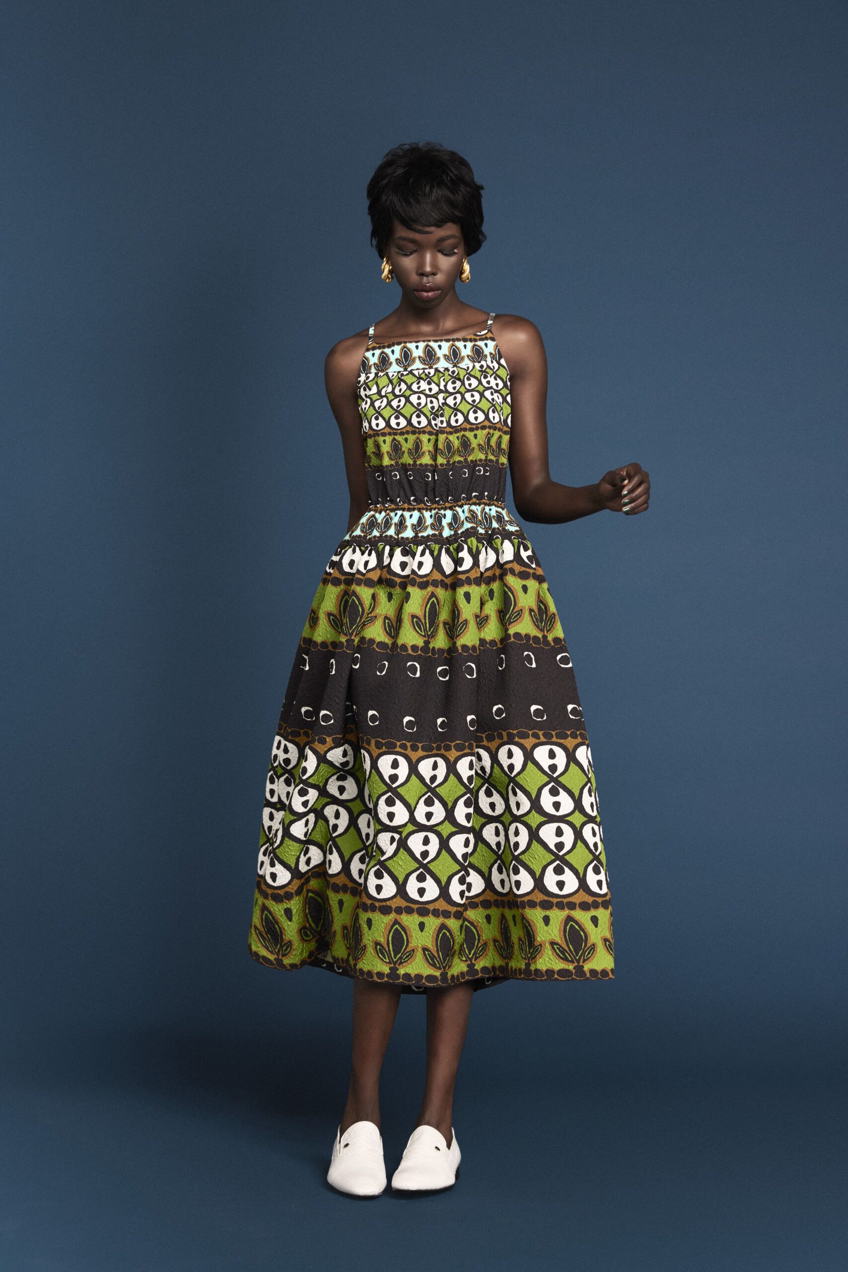 green cotton sleeveless high-neck fitted printed tiered dress