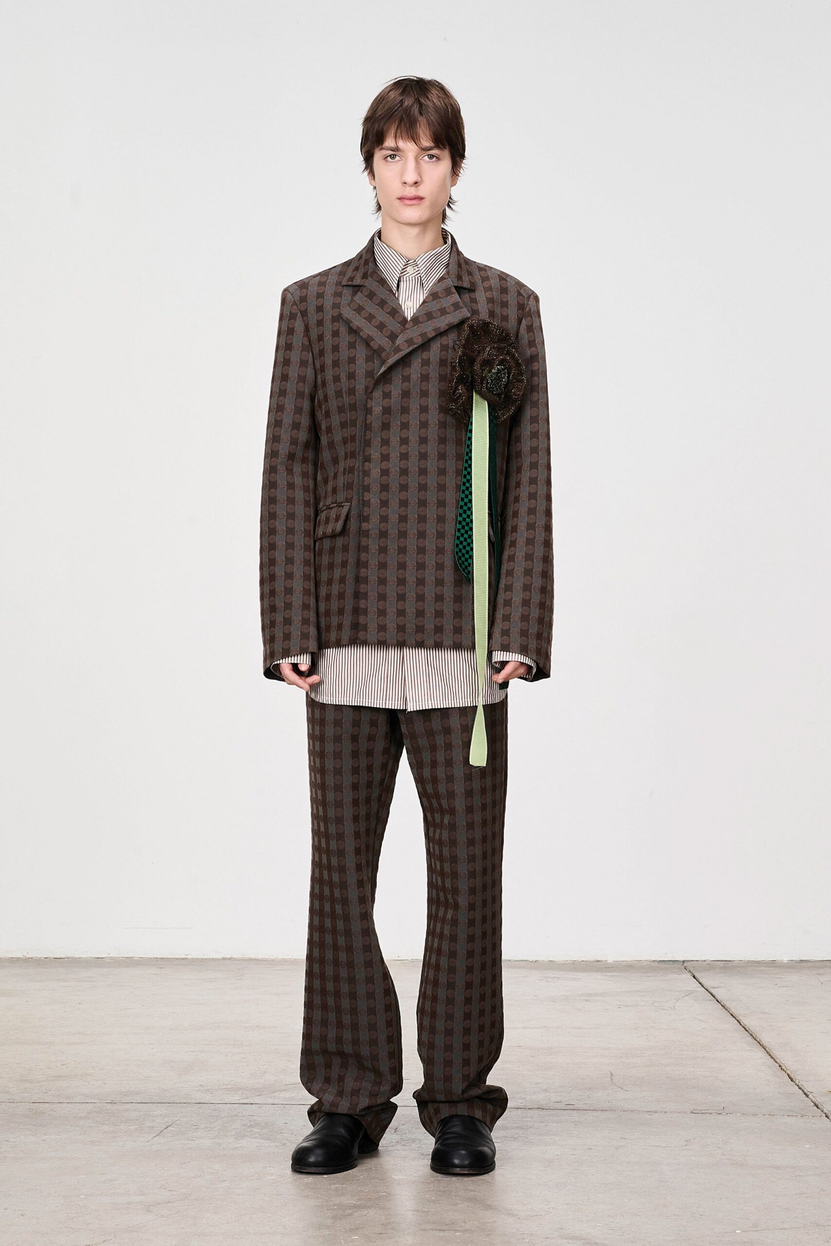 brown checked blazer with striped shirt