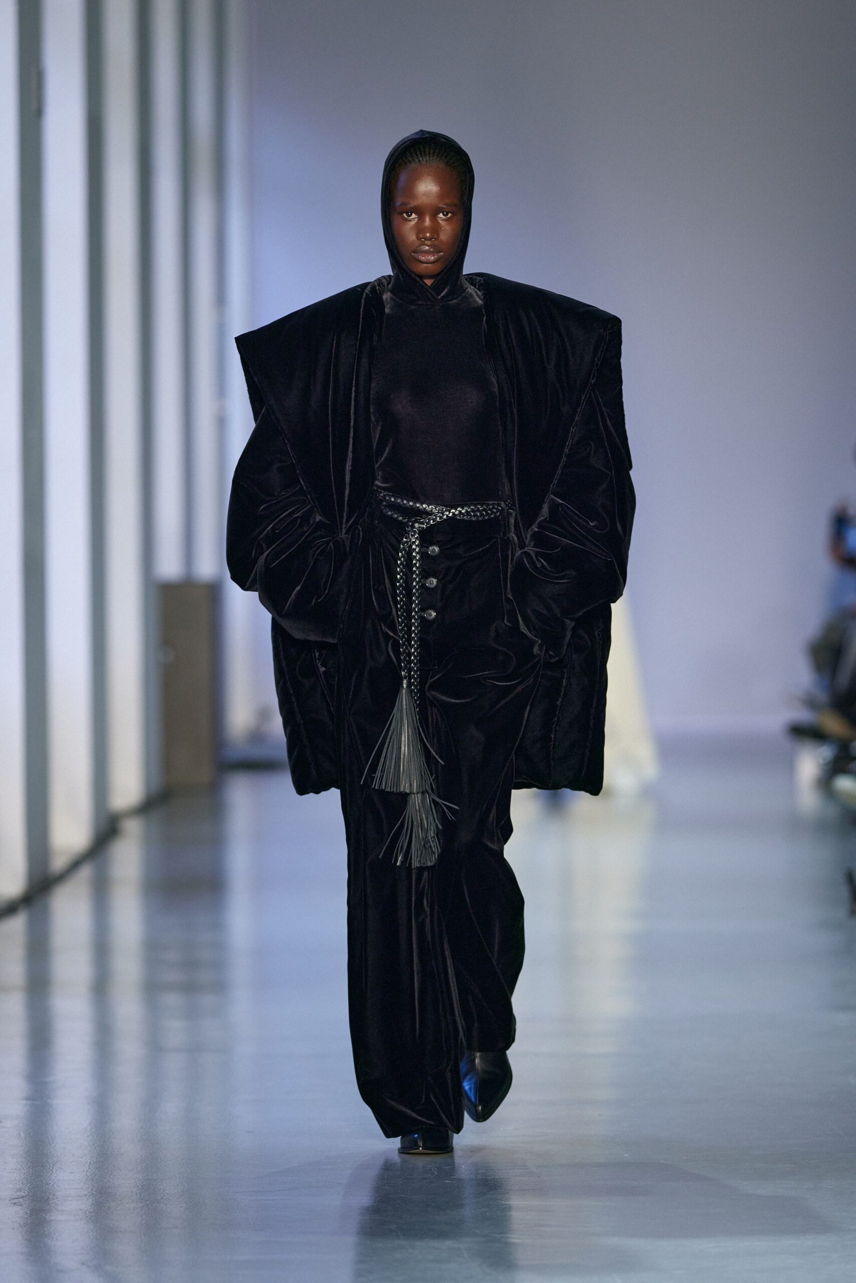 black velvet long-sleeve oversized draped jacket