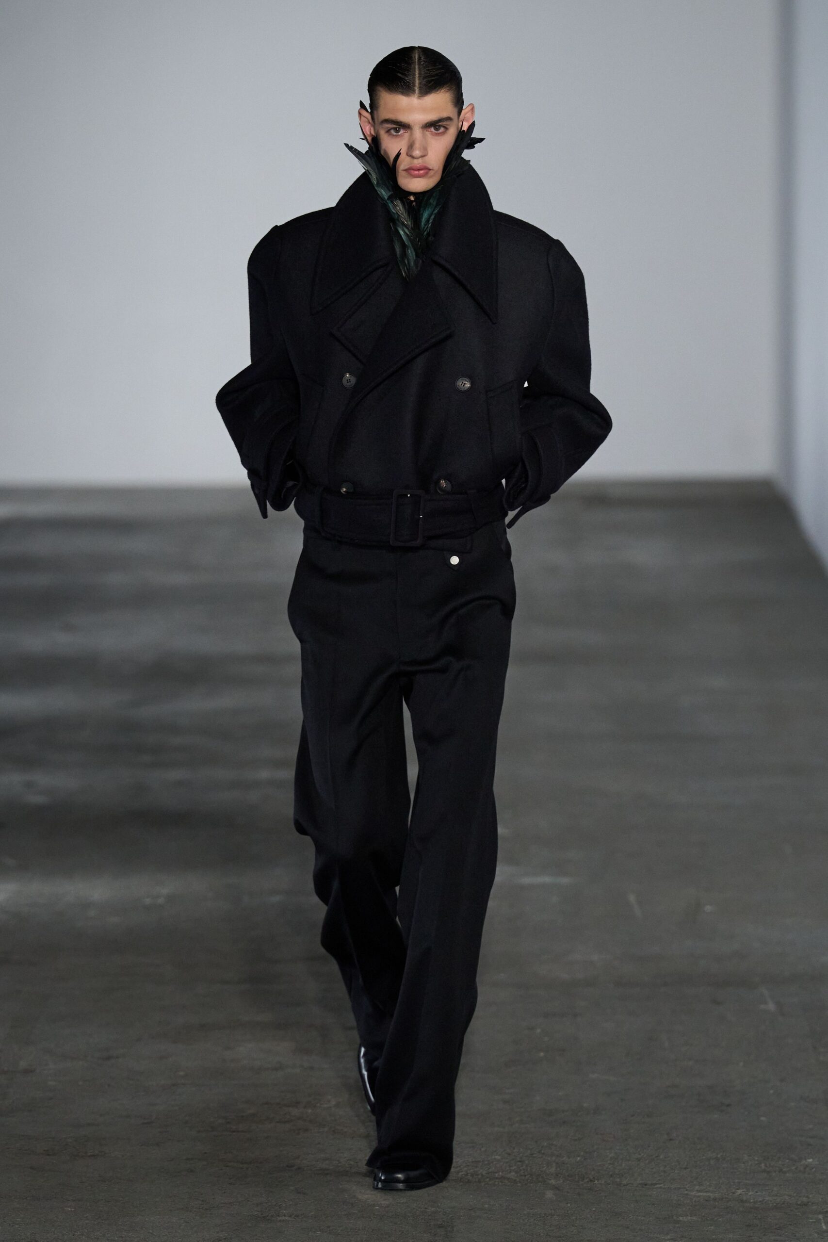black wool long-sleeve double-breasted structured belted coat