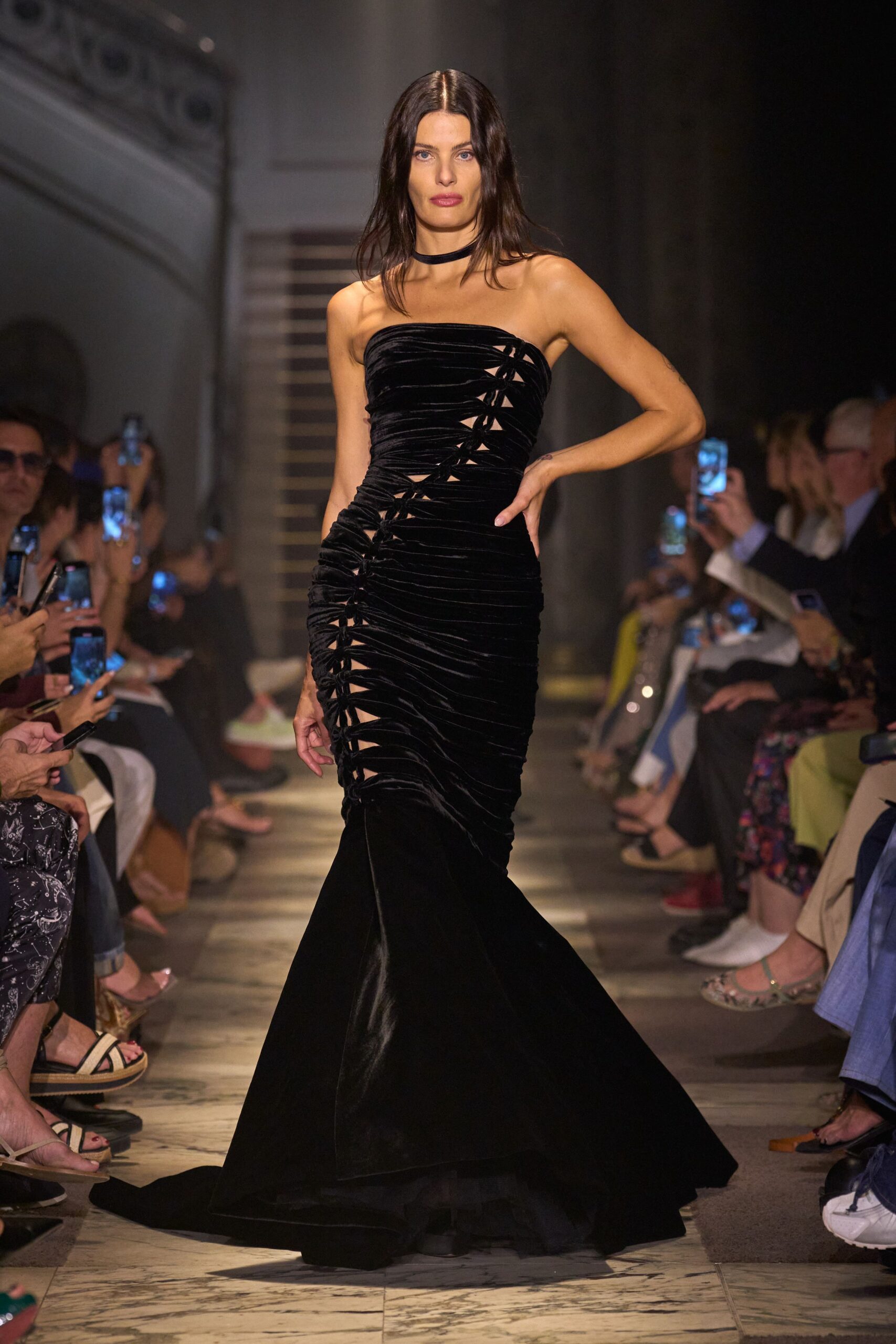black velvet strapless gown