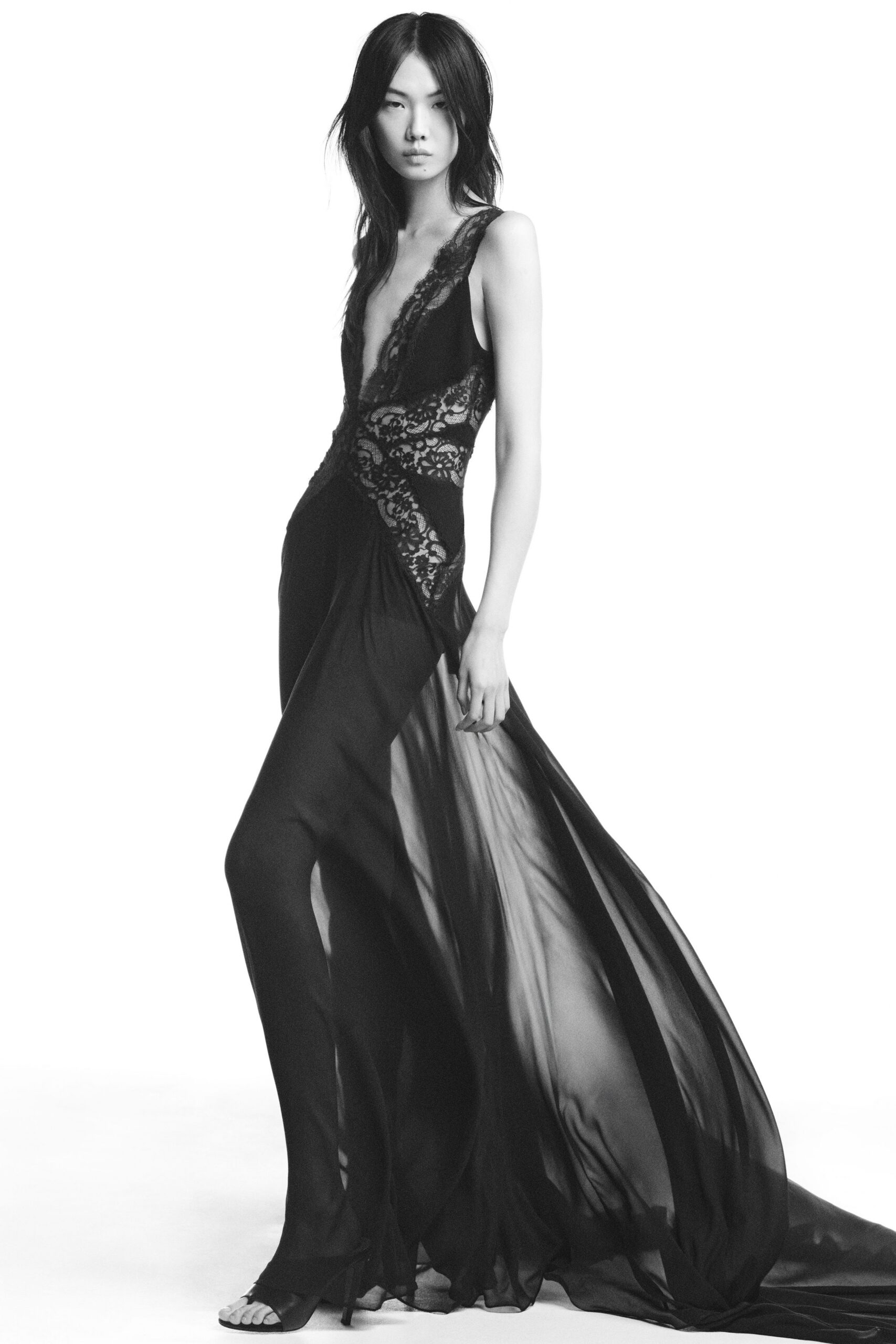 black silk sleeveless gown