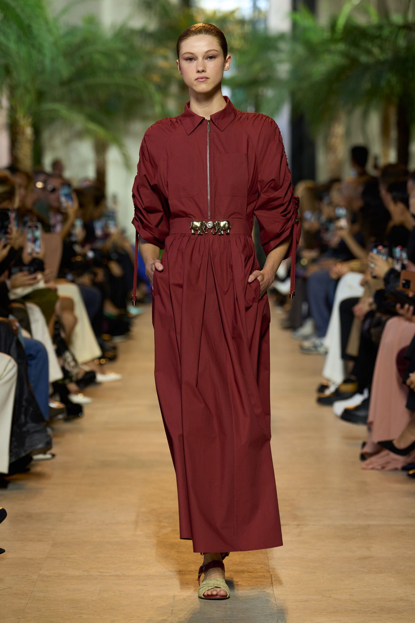 red cotton long-sleeve collared relaxed zippered pleated dress