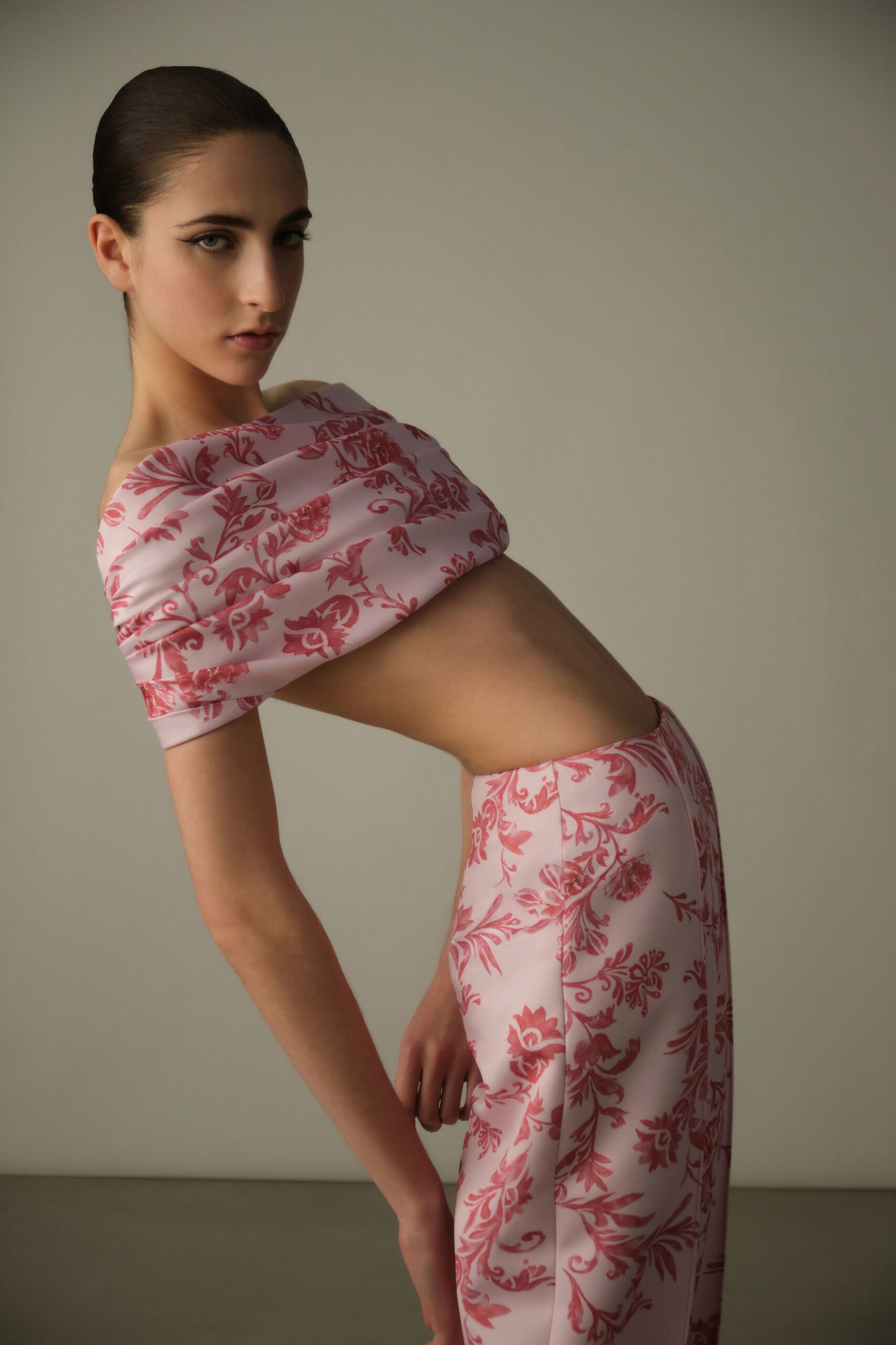pink silk fitted flared pants