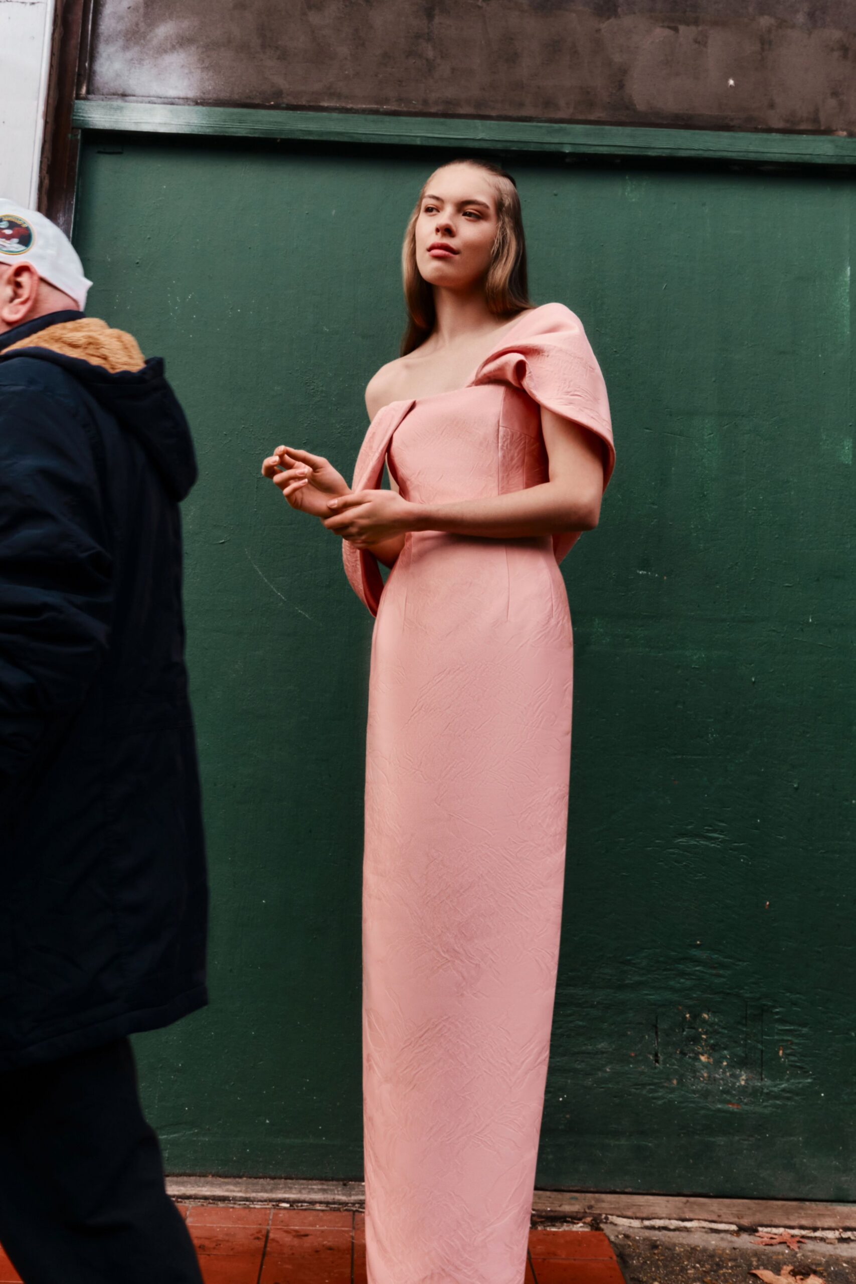 pink silk off-shoulder gown