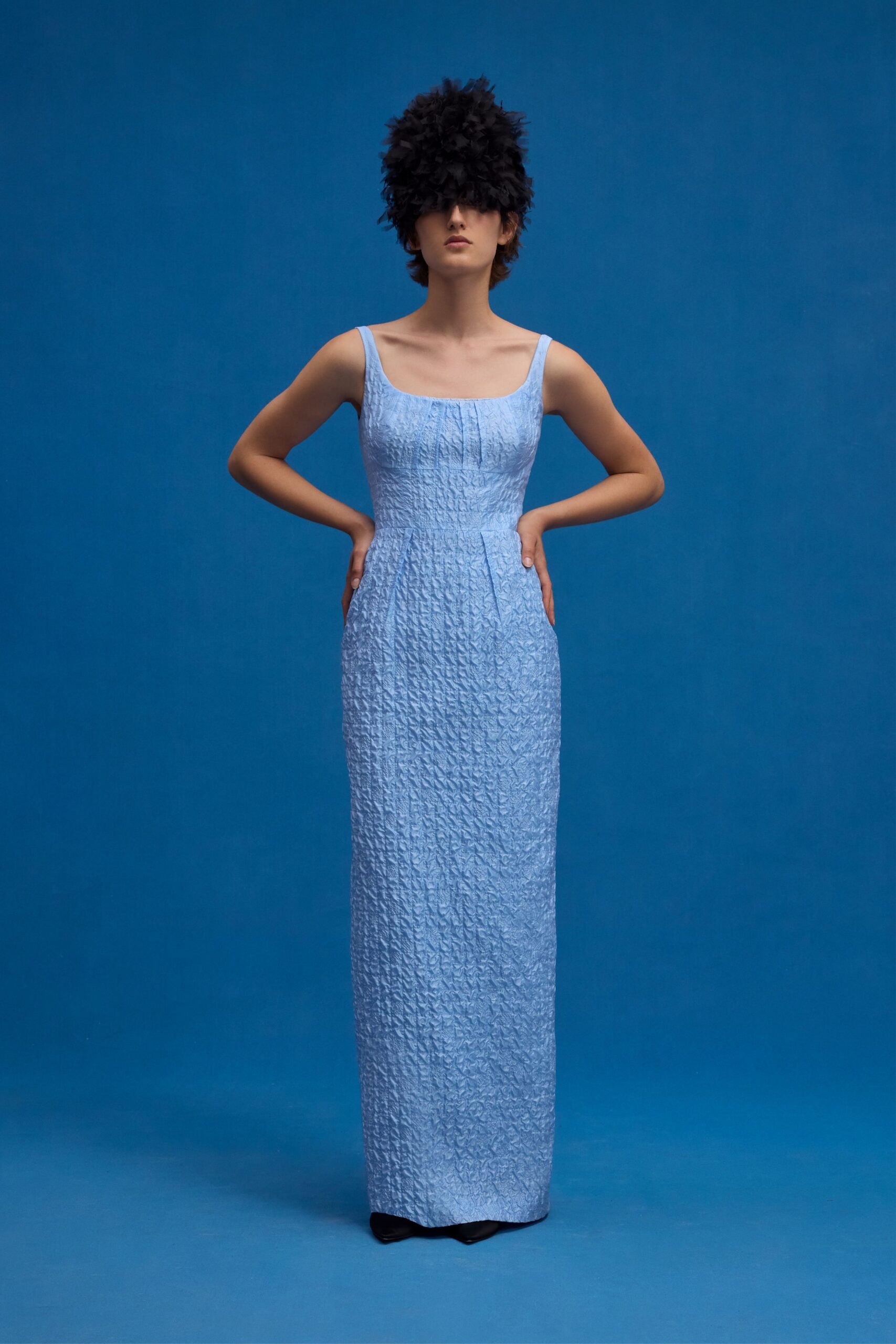 blue fitted sleeveless gown